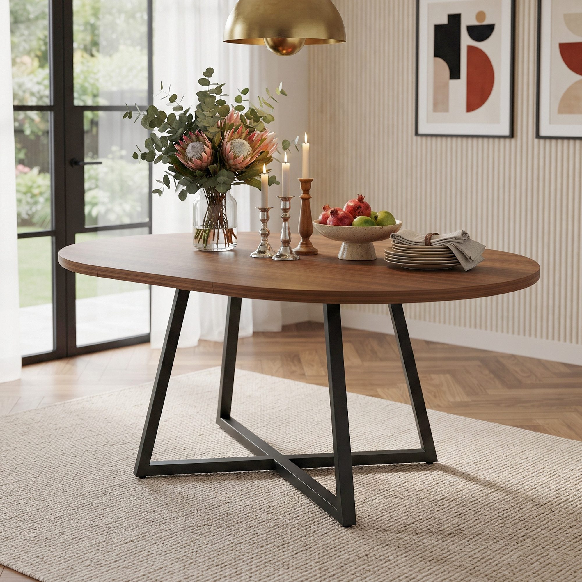 Flieks Esstisch ausziehbarer Küchentisch rund/oval (Länge 100-140x100x75 cm, Höhe Tischplatte 3cm, 1-St., 1 Tisch), erweiterbarer Schreibtisch Holzoptik Walnussholzfarbe, Metallgestell