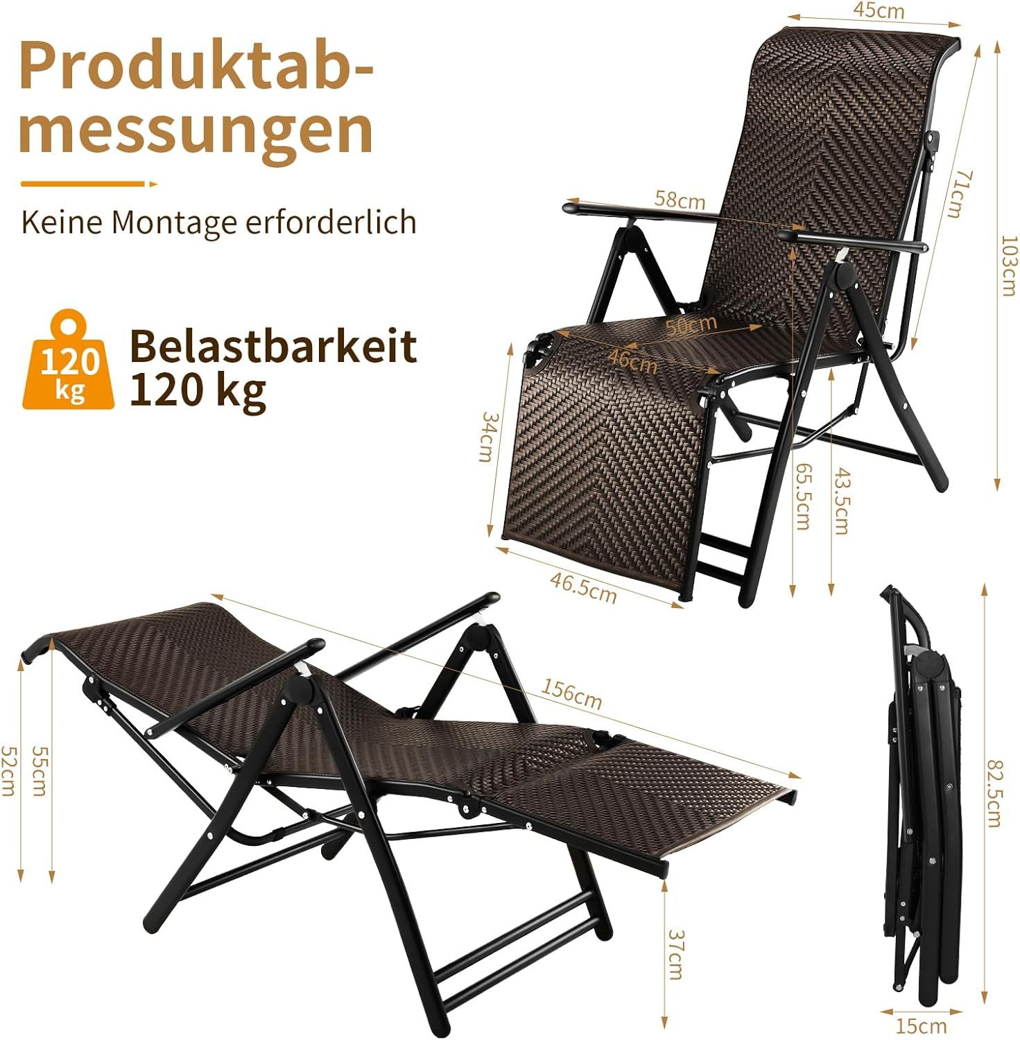 TLGREEN Rattanstuhl Rattan Klappliegestuhl 3-fach faltbar mit Fußstütze (7-fach verstellbare Rückenlehne Wetterfester), Gartenliege aus PE-Rattan&Aluminiumrahmen, Sonnenliege für Balkon
