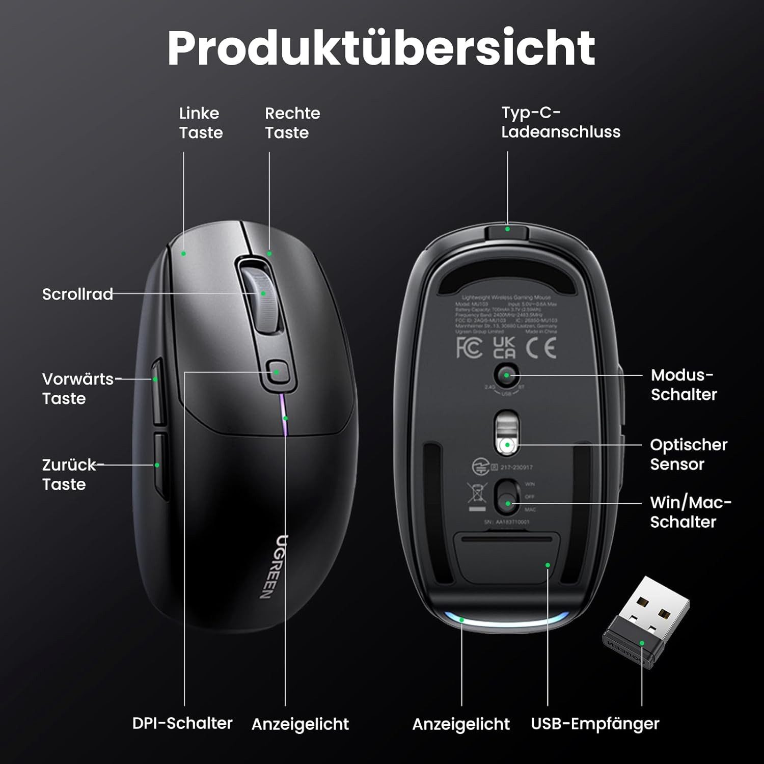 UGREEN MU103 Lightweight Wireless Gaming-Maus (kabelgebunden, Bluetooth, 2400 dpi, 2,4 GHz / Bluetooth 5.0 / 5000 dpi)