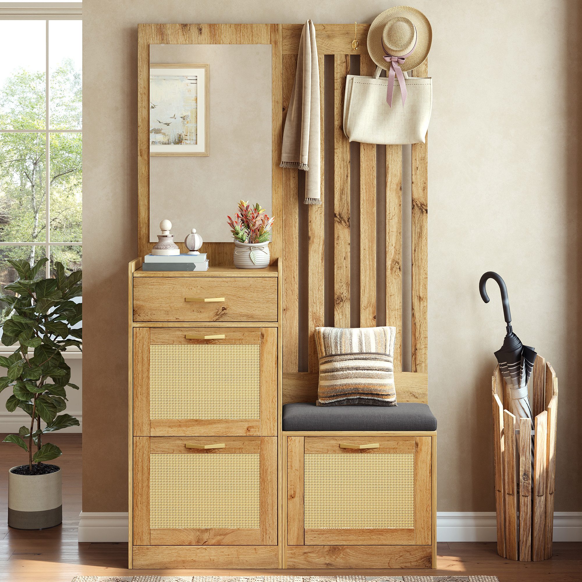 HAUSS SPOLE Garderoben-Set Flurgarderobe mit Spiegel,Flurmöbel mit Schuhschrank & Haken,Natur, (Flurschrank Wohnzimmerschrank mit Rattanoptik-Türen und Schuhklappfächern), platzsparendes Eingangsbereich-Möbel