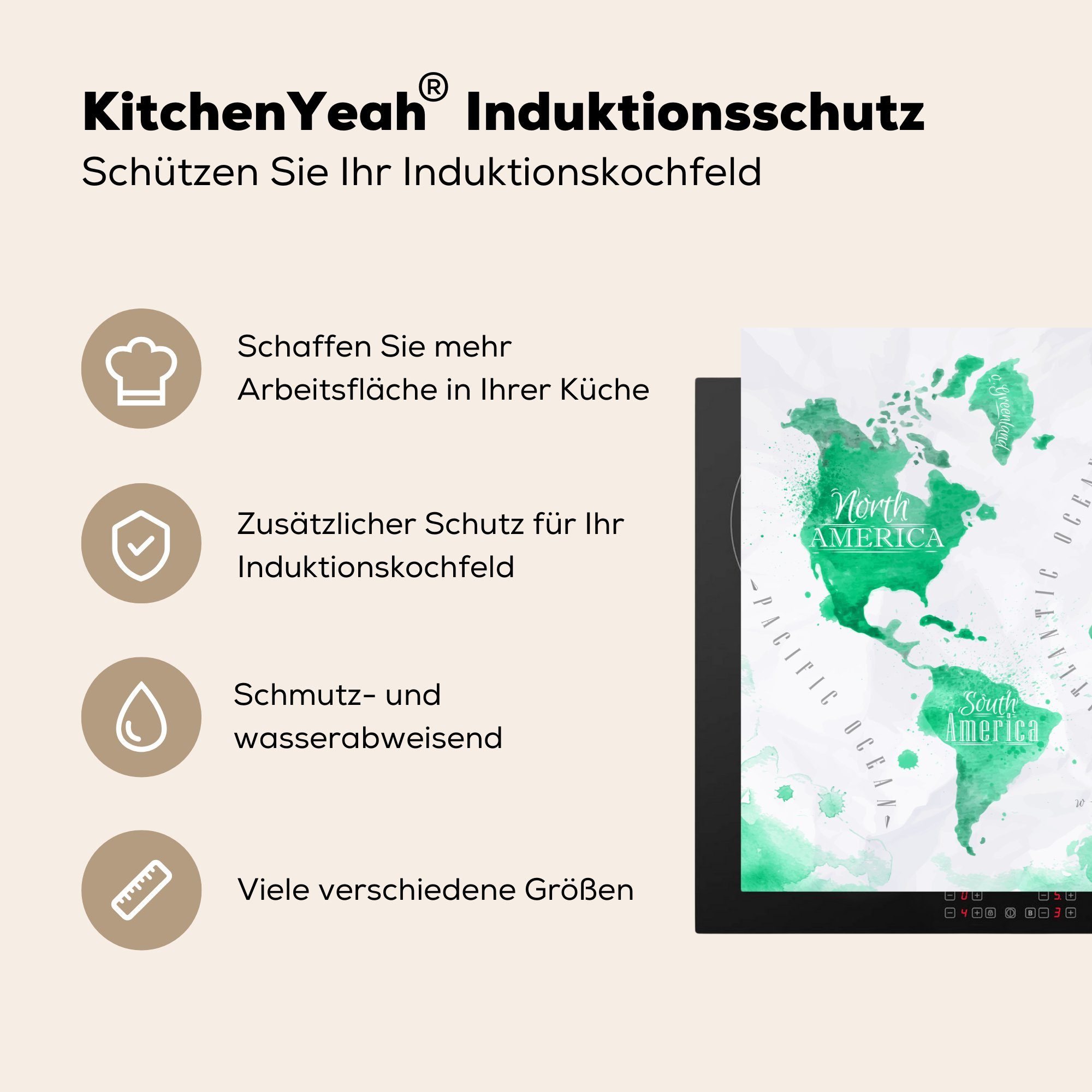 Weltkarte MuchoWow Induktionskochfeld für Schutz die Herdblende-/Abdeckplatte tlg), küche, (1 Grün, - Vinyl, cm, Ceranfeldabdeckung 81x52 - Ölfarbe