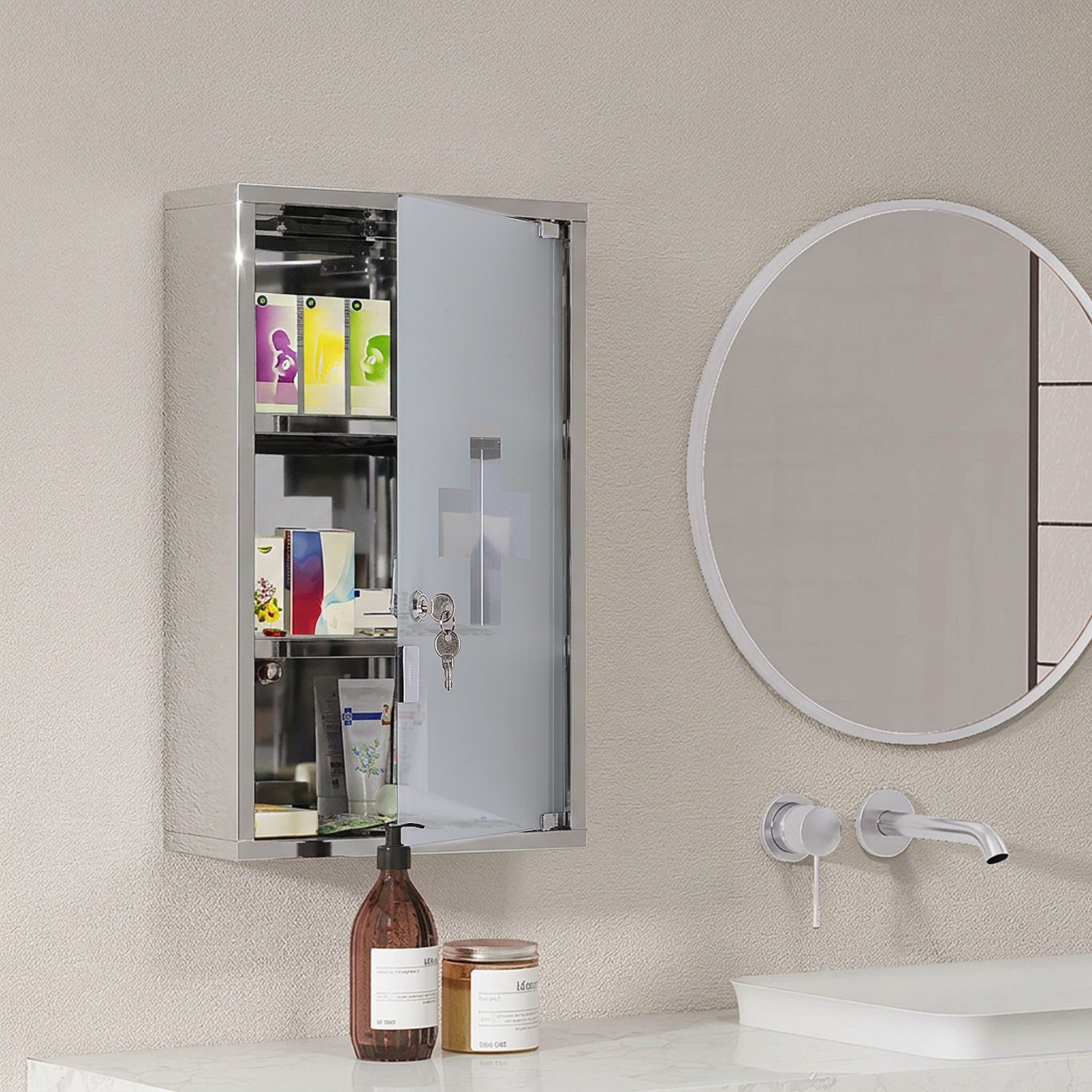 HOMCOM Medizinschrank Erste Hilfe Schrank mit Schloss (Arzneischrank, 1-St., Medikamentschrank) Edelstahl 30 x 18 x 50 cm