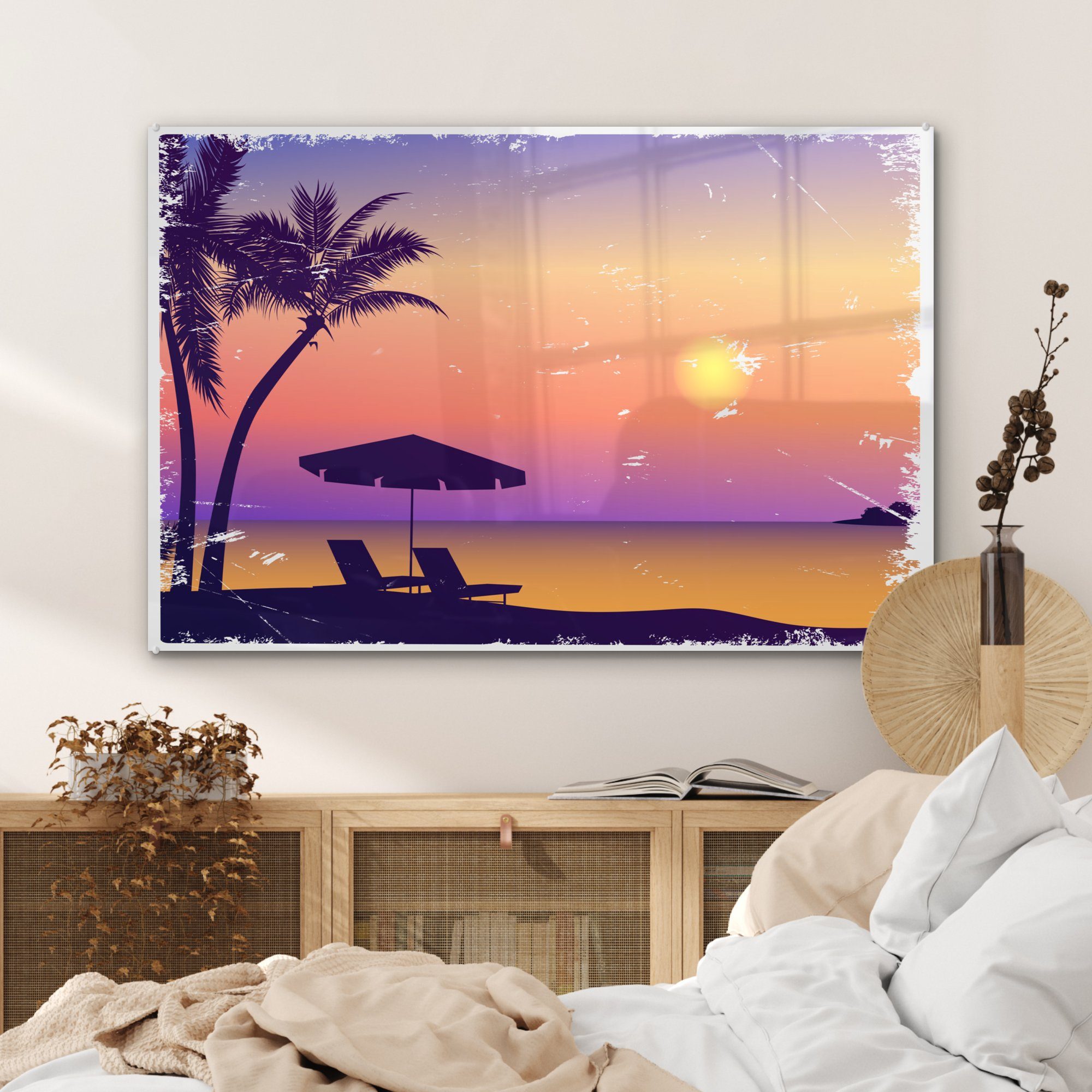 Sonnenschirm & Stuhl MuchoWow St), Acrylglasbild Wohnzimmer - Nacht, Strand - - Acrylglasbilder Schlafzimmer (1