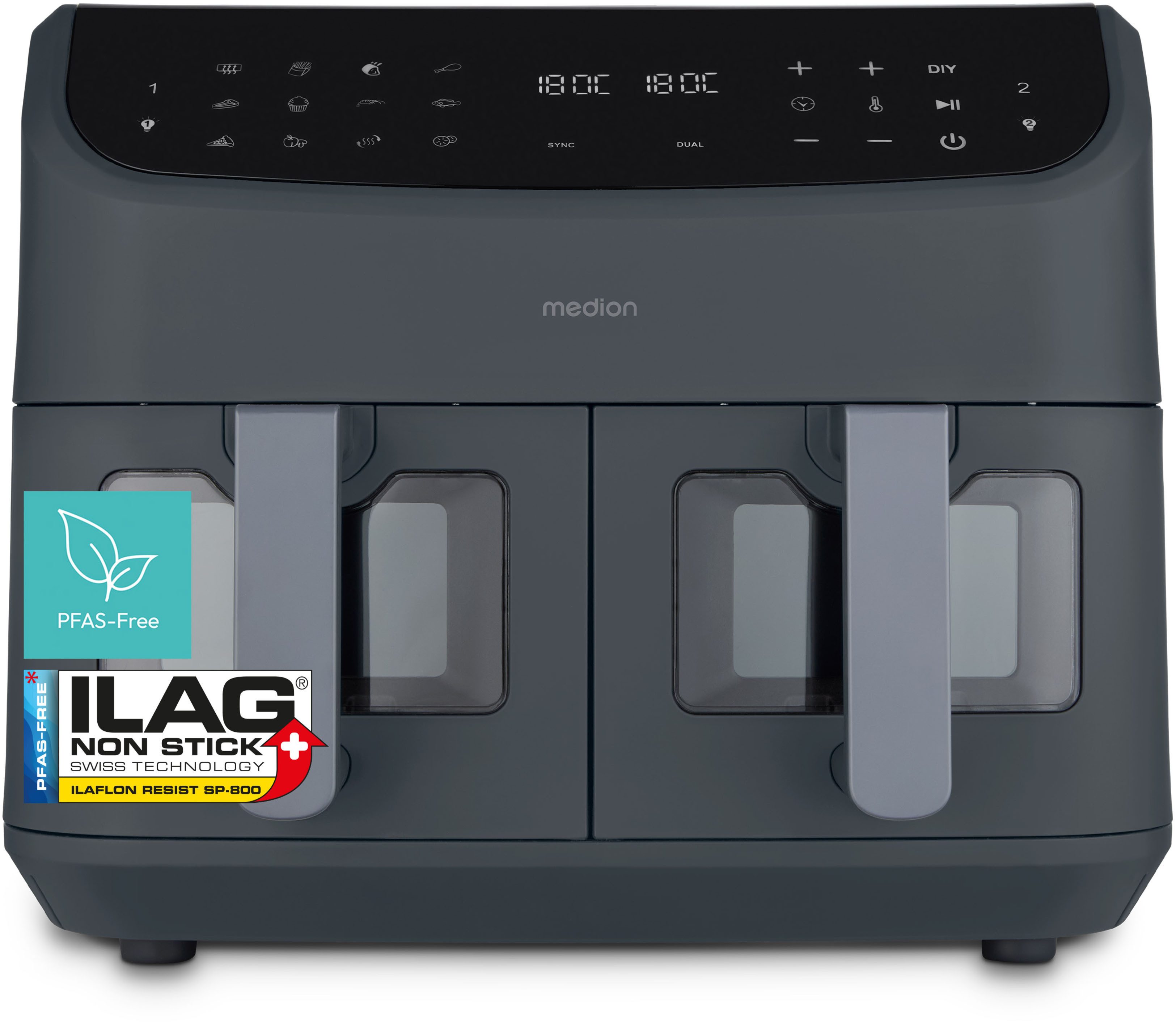 Medion® Heißluftfritteuse MD 11760, 2400 W, Temperatur 50 - 200 °C, ILAG Beschichtung, Sync-Finish