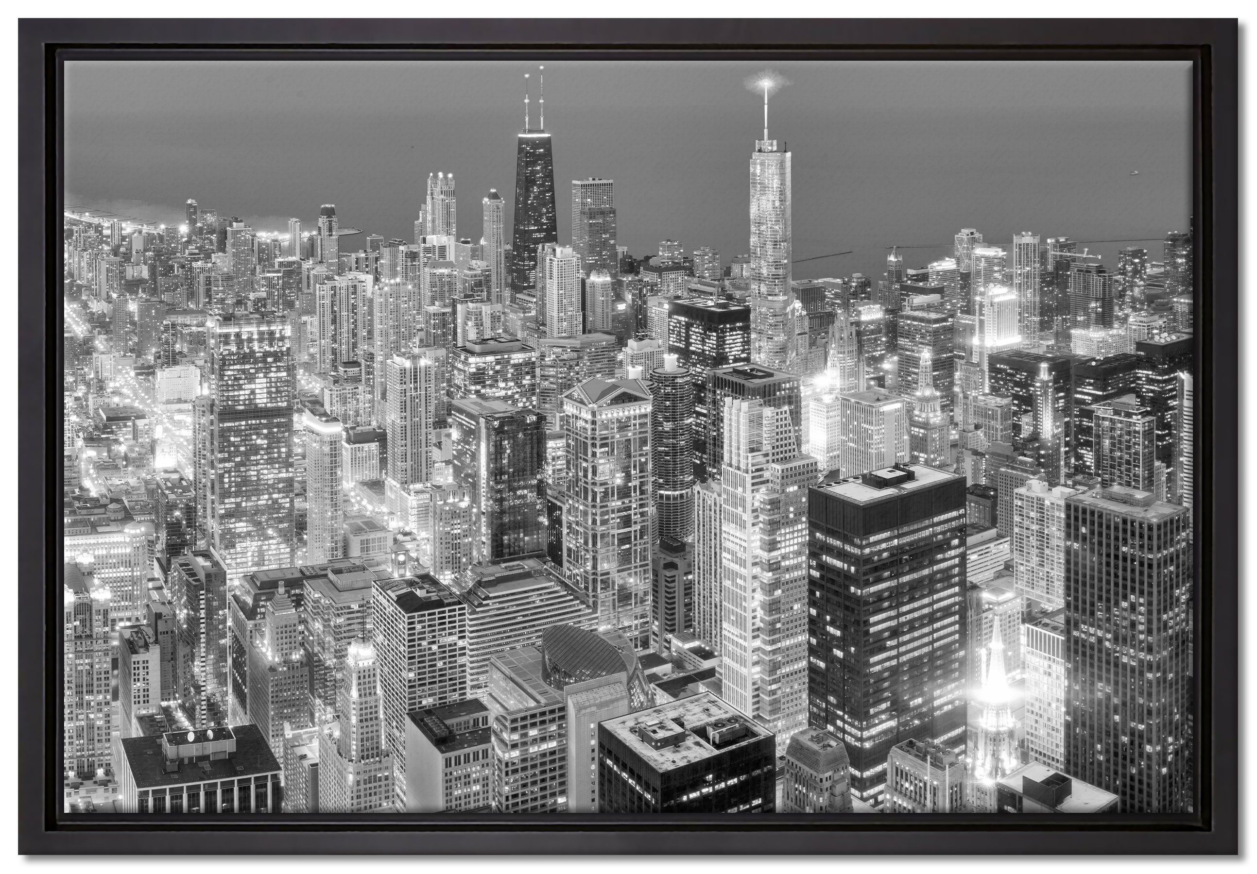 (1 Leinwandbild Chicago, Luftaufnahme Pixxprint einem Schattenfugen-Bilderrahmen St), fertig Wanddekoration Zackenaufhänger Leinwandbild in gefasst, bespannt, inkl.