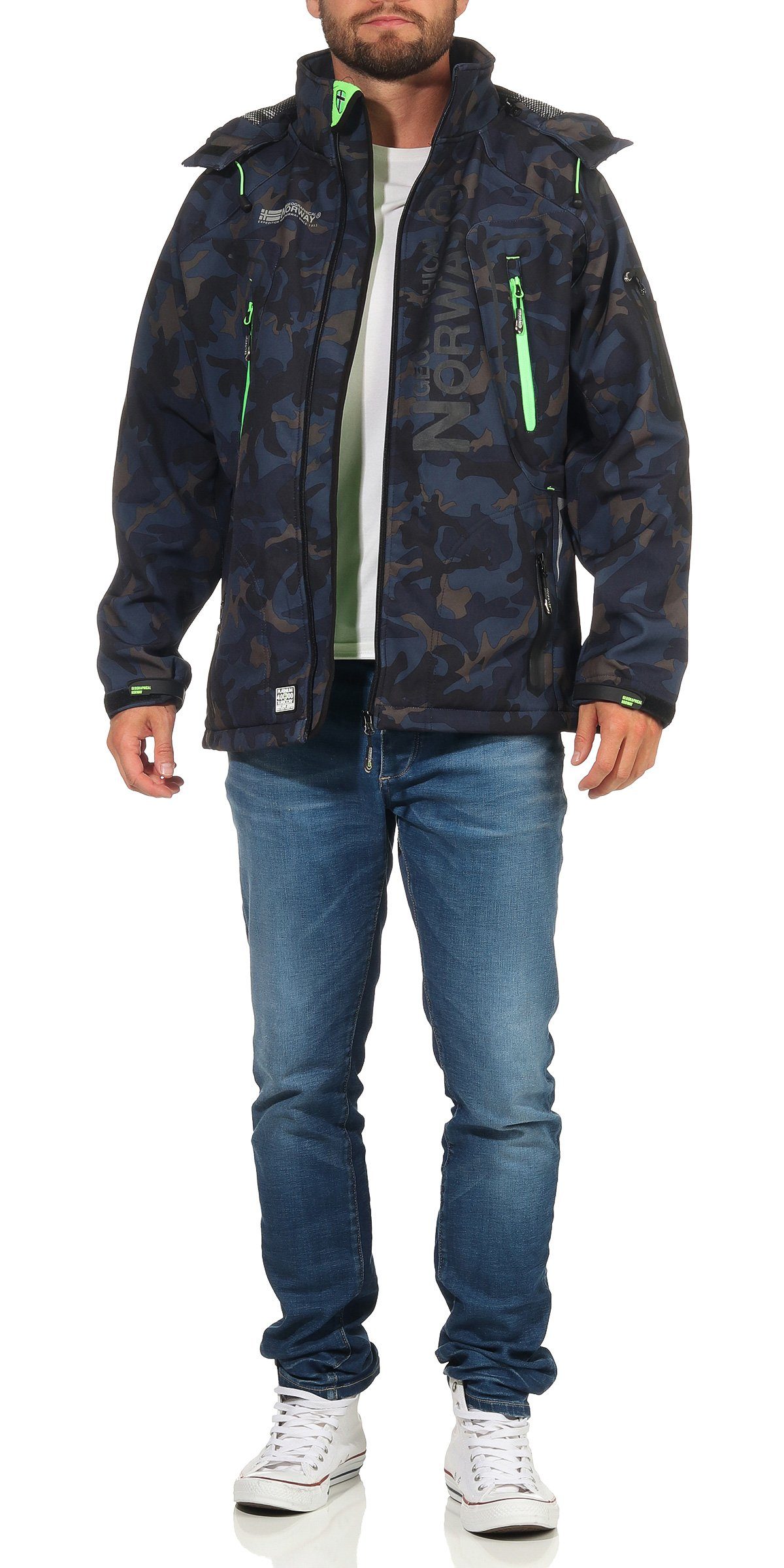 Geographical Norway Softshelljacke Herren Softshell Wander Sport Übergangsjacke Trekking Jacke in Unifarbe, mit abnehmbarer Kapuze, mit Stehkragen