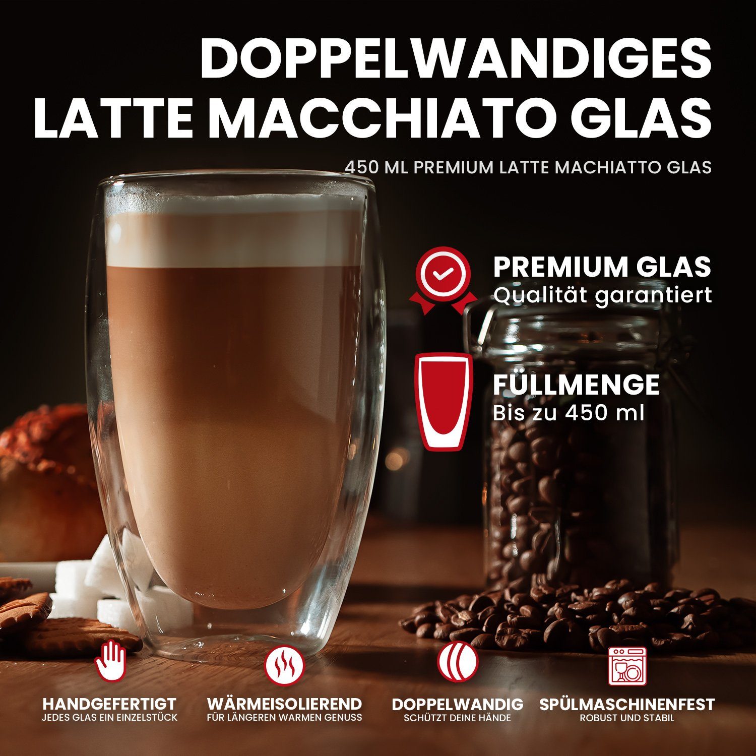 GENTOR Gläser-Set GENTOR Glas Set Longdrinkglas 2er Set Wasserglas Saftglas Kristallglas, 2-teilige Latte Macchiatto Doppelwand Glas 450ml