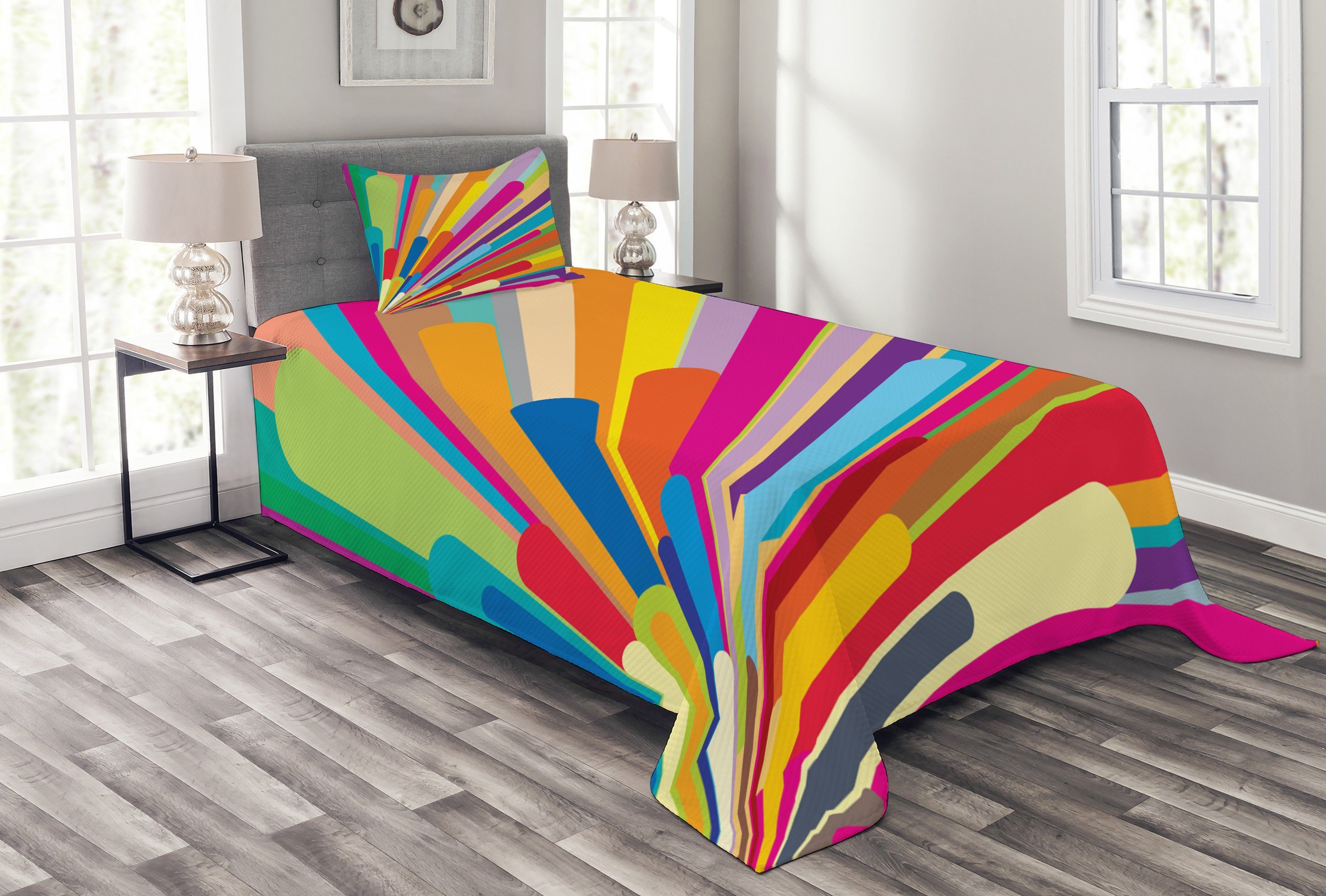 Tagesdecke Set mit Kissenbezügen Waschbar, Abakuhaus, Jahrgang Rainbow Burst von Linien | Tagesdecken
