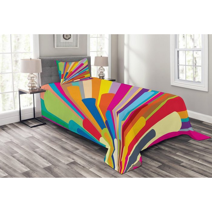 Tagesdecke Set mit Kissenbezügen Waschbar Abakuhaus Jahrgang Rainbow Burst von Linien