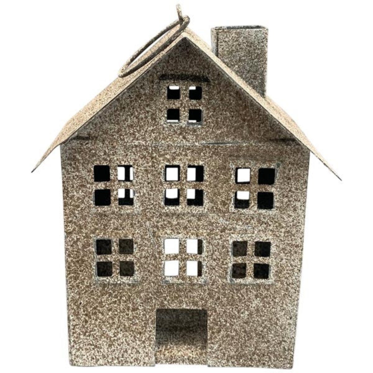 finehomegarden Dekofigur 2x Deko Haus Metall Windlicht 9x7,5cm H13,5cm Lichthäuser stehend (Set, 2 St., 2 tlg), für Garten, Terrasse, Balkon oder Zuhause grau/braun