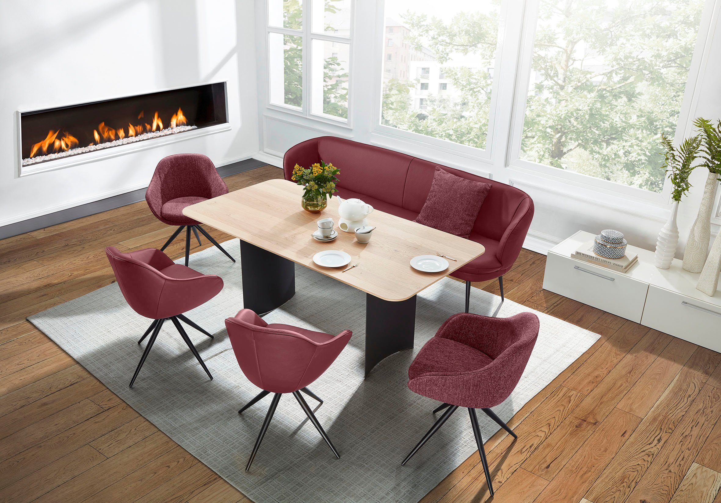 K+W Komfort & Wohnen Essgruppe ZOOM, abgerundete Essgruppe in Materialmix, Solobank, 4 Sesseln und 1 Tisch