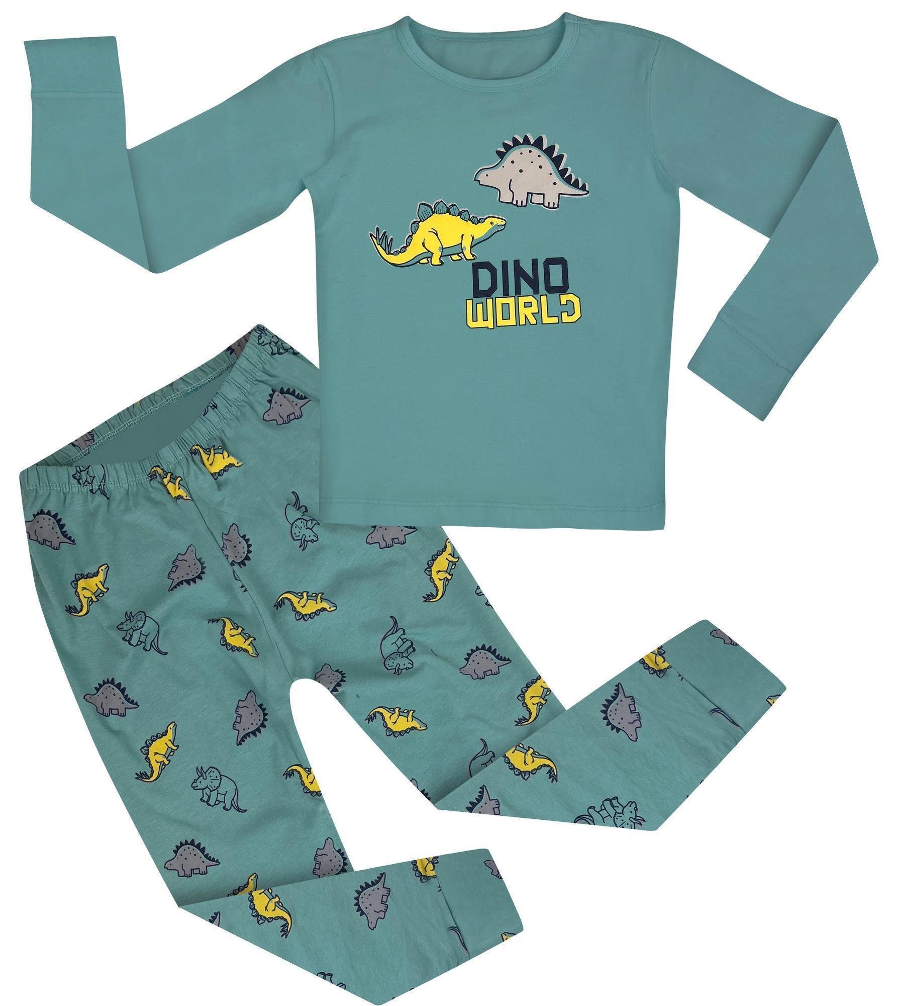 LOREZA Pyjama Jungen Schlafanzug Baumwolle Langarm zweiteiliger Dinosaurier Grün 2 (Set, tlg)