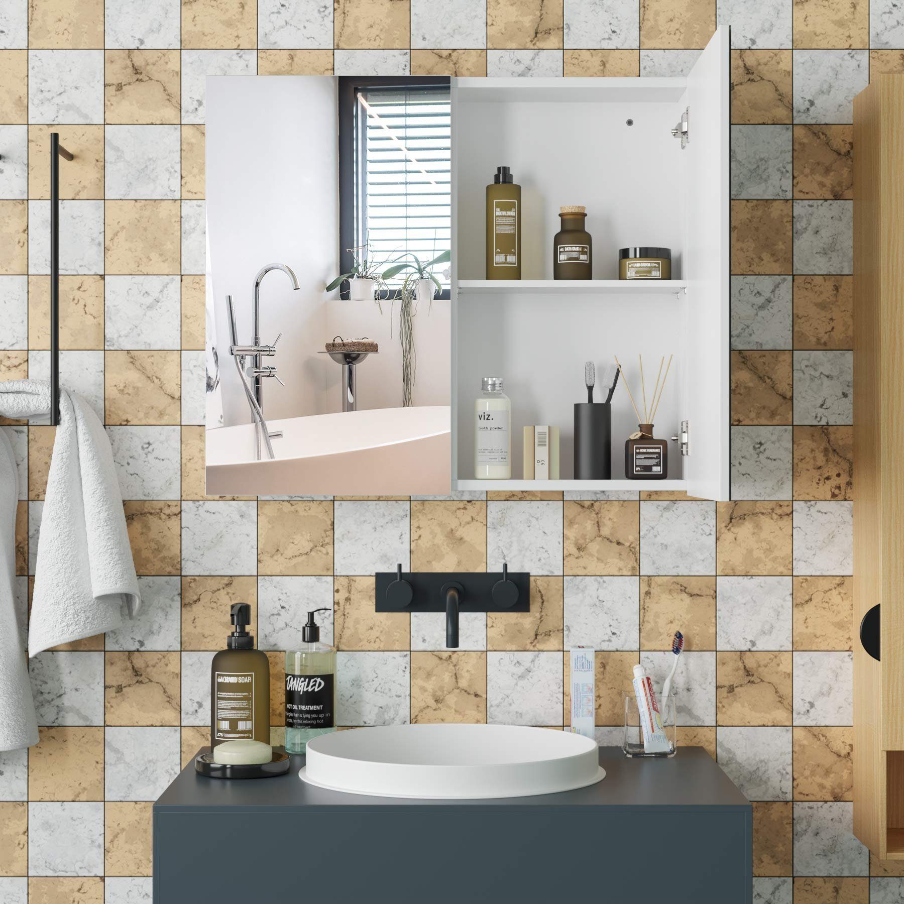Homfa Spiegelschrank Badezimmerschrank mit 4 Fächern, Breite 70 cm, weiß, Holz – Bild 3 von 5