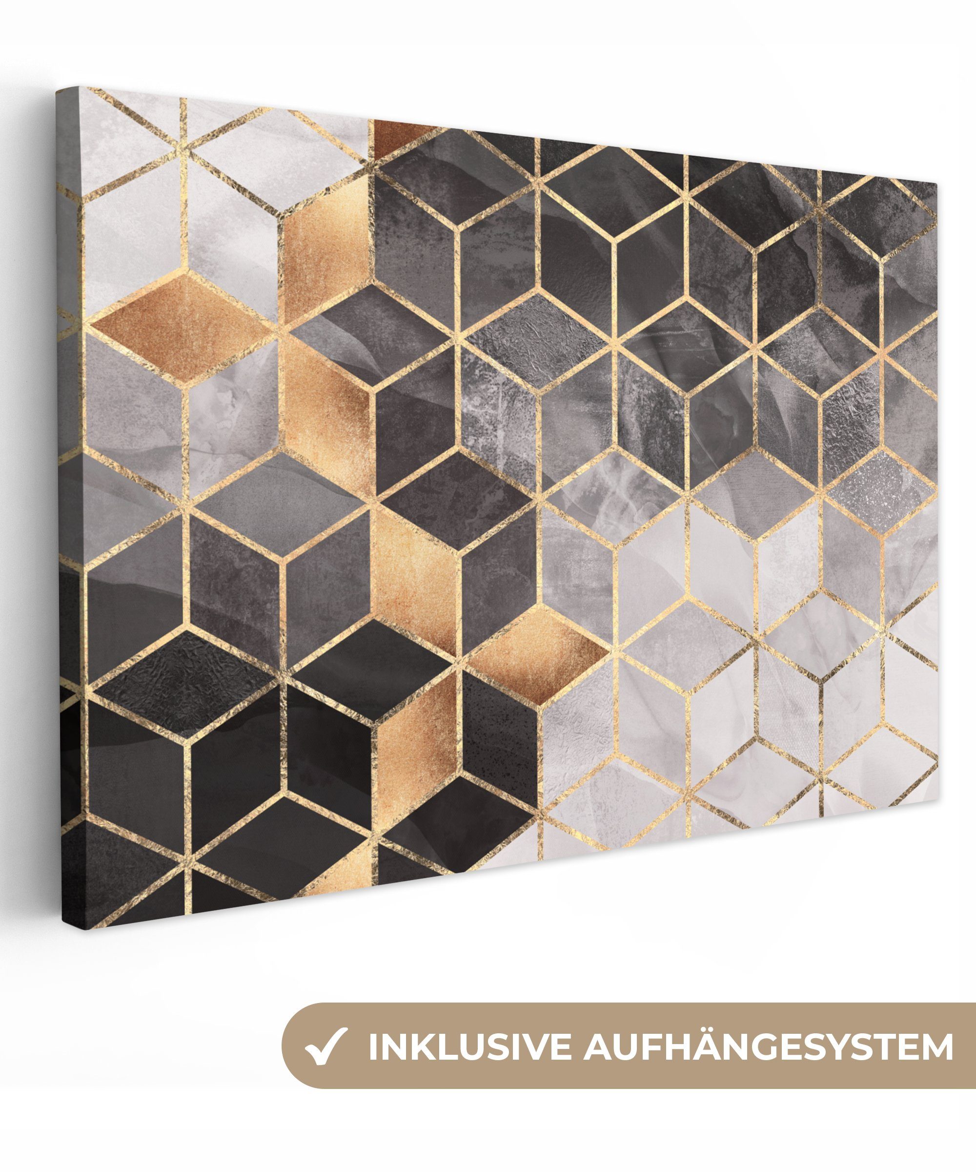 OneMillionCanvasses® Leinwandbild Abstrakt - Würfel - Gold - Muster - Schwarz - Weiß, (1 St), Wandbild für alle Wohnbereiche, Gemälde, XXL, großes, 120x80 cm bunt