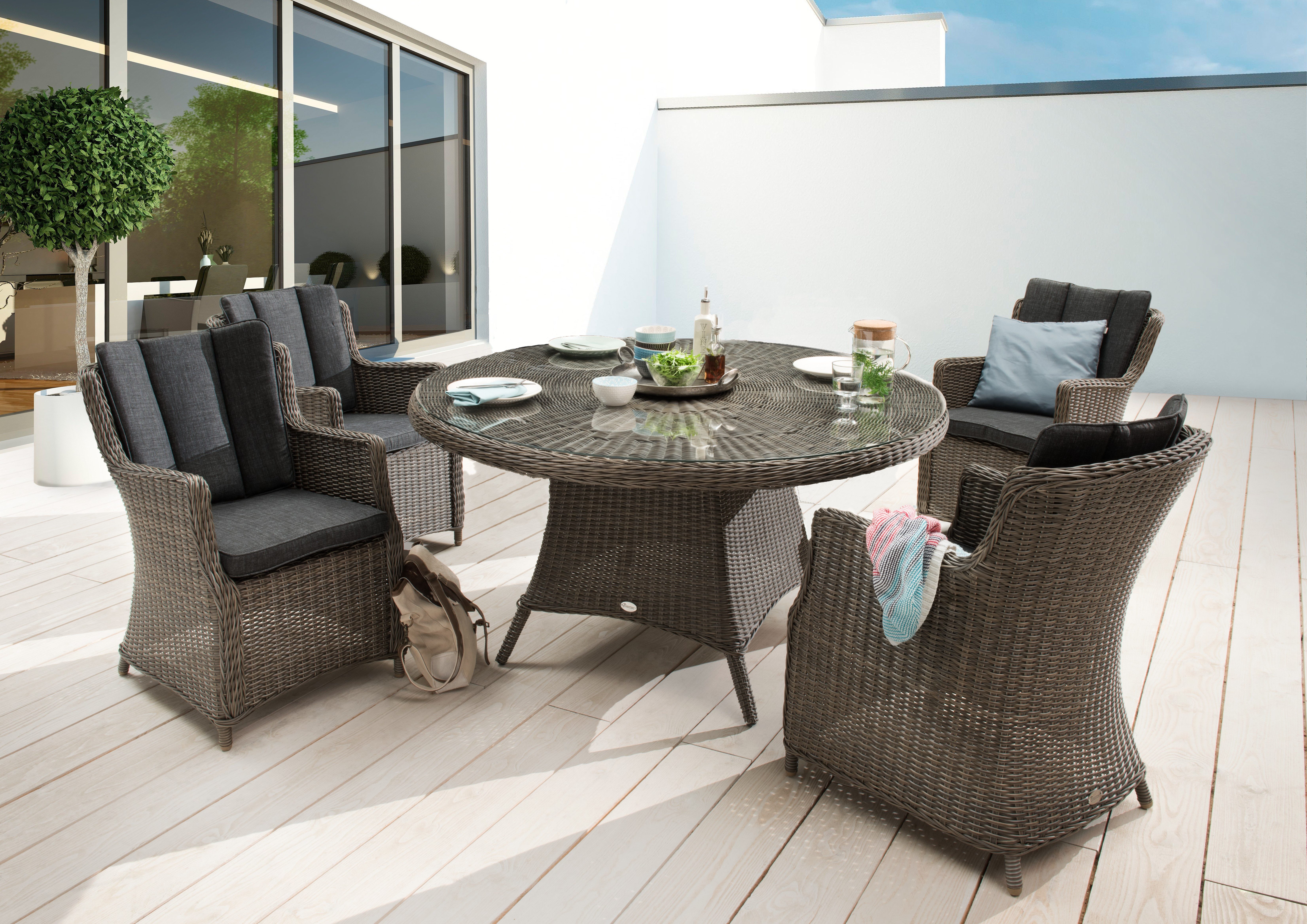 Destiny Sitzgruppe LUNA, Esstisch Ø150cm mit 4 Креслаn inkl. Polster, Aluminium + Polyrattan