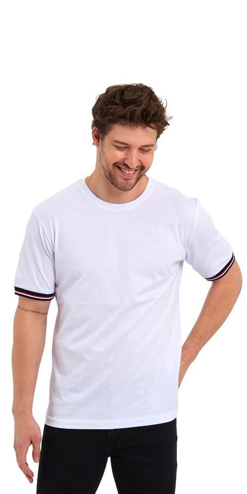 COMEOR T-Shirt Herren Kurzarm Baumwolle Rundhalls (Packung, 1-tlg) mit  gestreiften Ärmel Bündchen