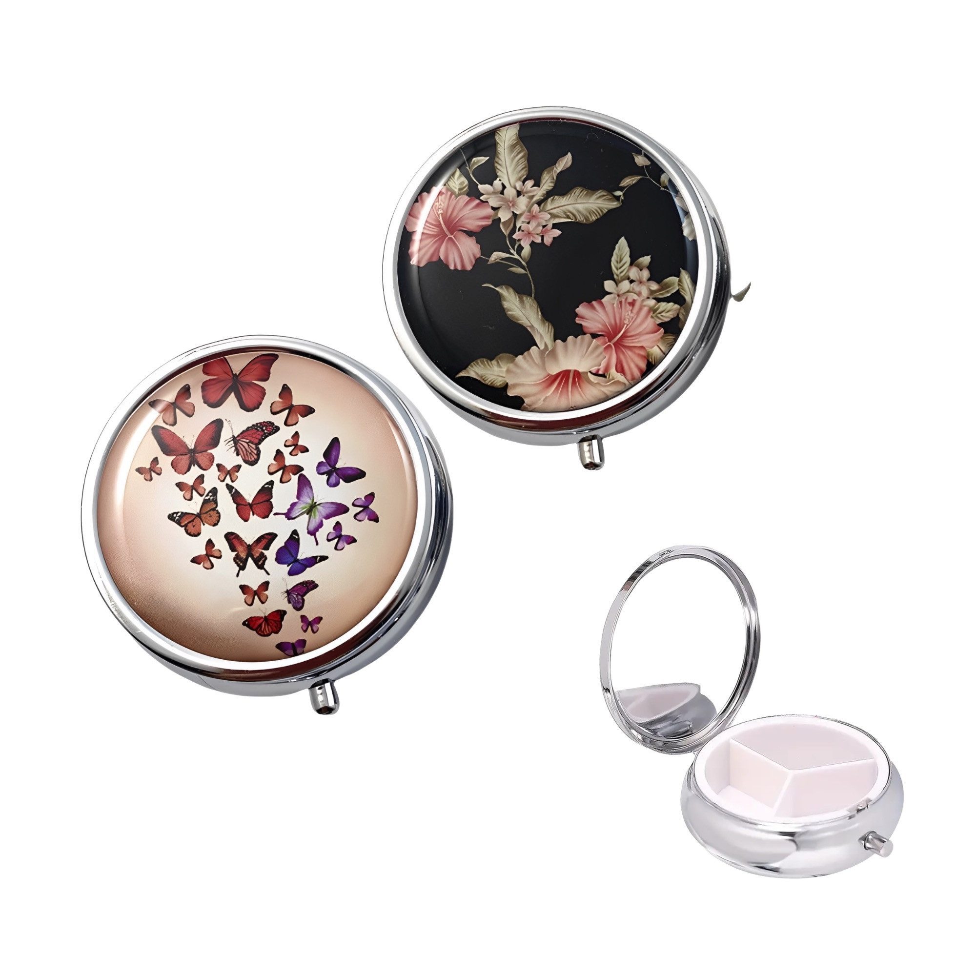The Beauty House Pillendose Elegante Pillendose mit Glasabdeckung – „Schmetterlinge & Blumen“, Kleine Tablettendose für Unterwegs, Reise-Pillenspender Tablettenbox