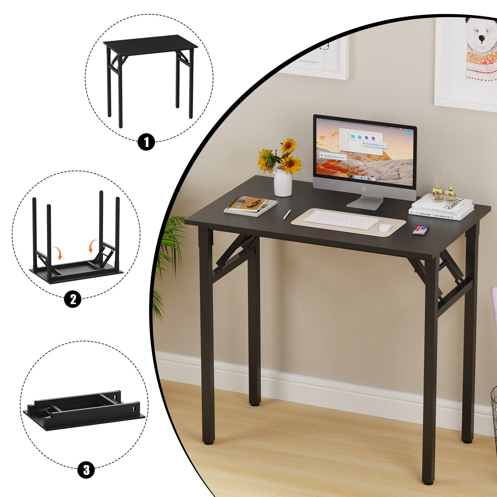 JEOBEST Klapptisch Keine Montage Erforderlich Schreibtisch Klappschreibtisch 80 x 50 cm, (1-St., 1 Schreibtisch), Klappbar, Schmal, Platzsparend