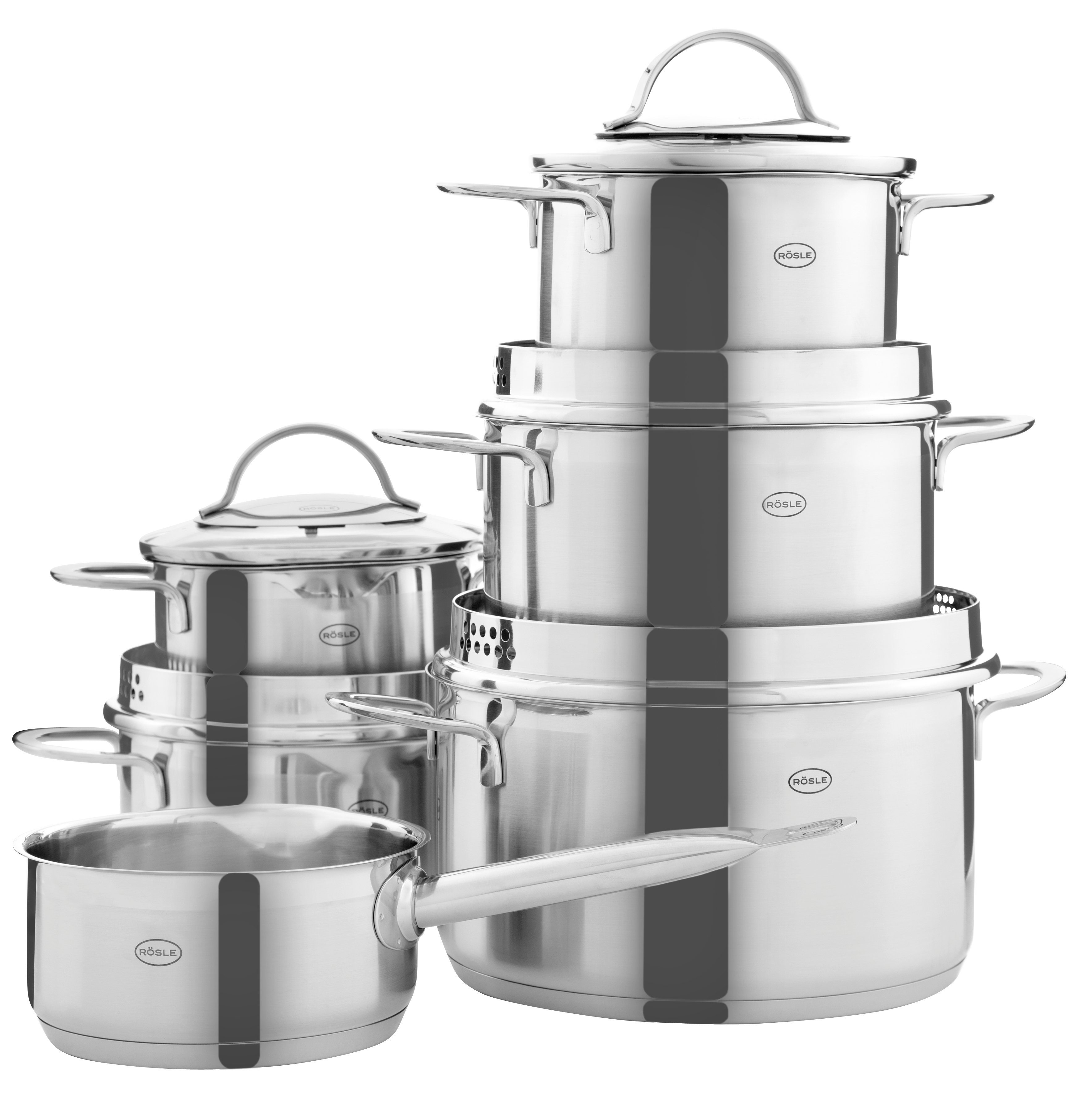 RÖSLE Topf-Set EXQUISITE, Edelstahl 18/10 (Set, 11-tlg., Bratentopf Ø 16/20 cm, Kochtopf Ø 16/20/24 cm, 1x Stieltopf Ø 16 cm), mit Glasdeckel und Innenskalierung, spülmaschinen-/ induktionsgeeignet