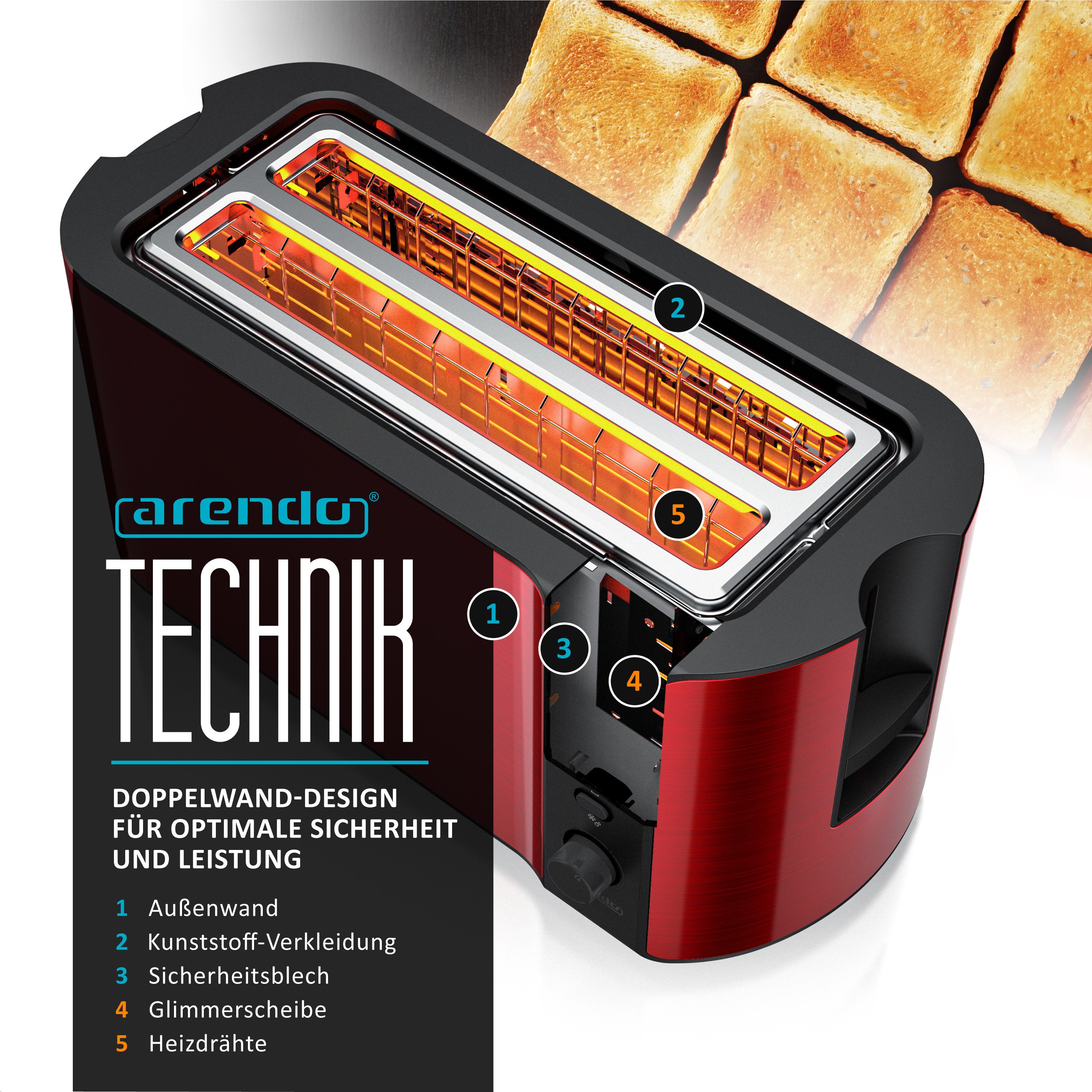 Arendo Toaster Langschlitz, Edelstahl, Display mit Restzeitanzeige, Krümelschublade, 2 lange Schlitze, für 4 Scheiben, 1500 W, Defrost Funktion, Wärmeisolierendes Gehäuse, mit Brötchenaufsatz