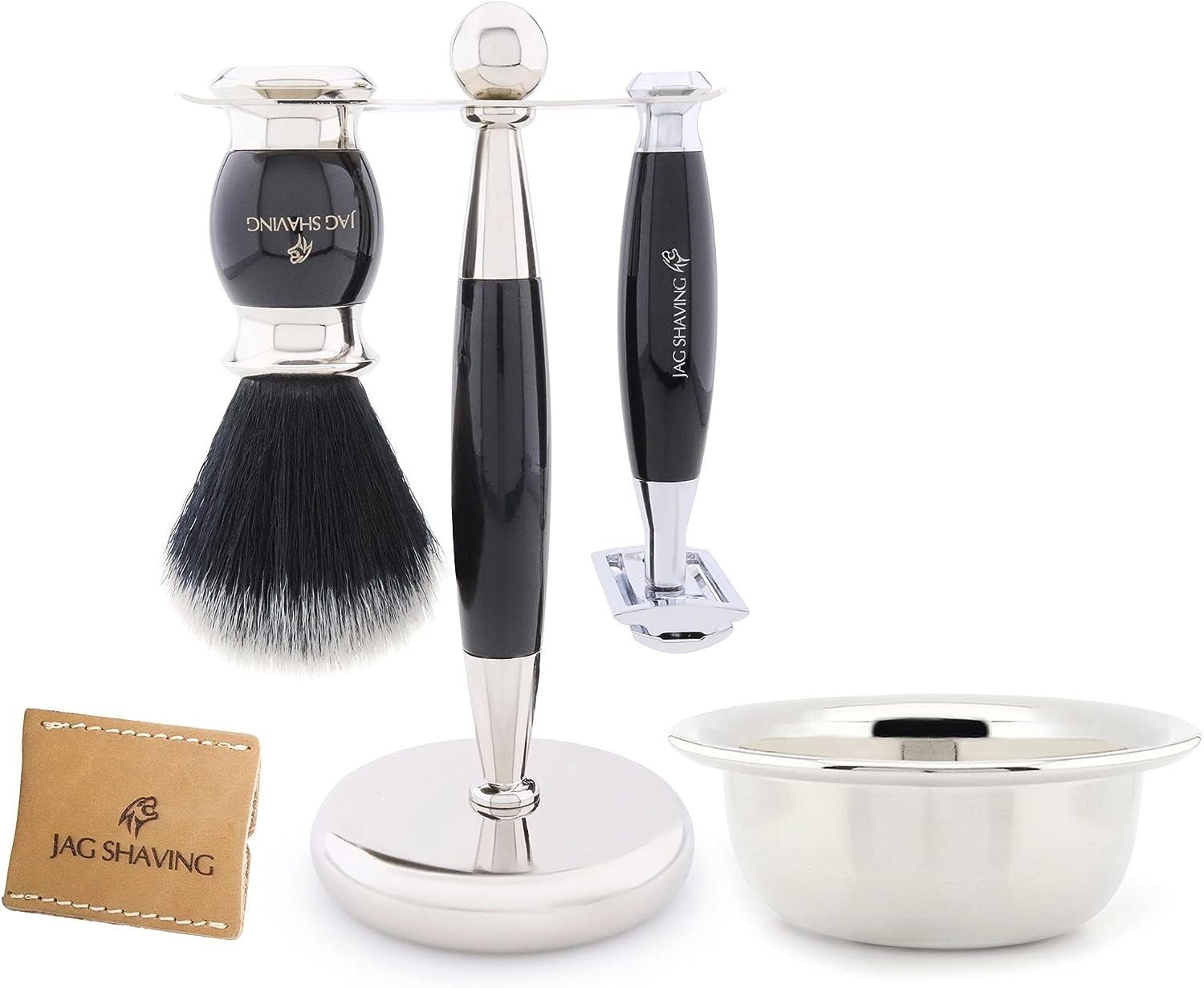 JAG SHAVING Rasierpinsel-Set Schwarzer Synthetik-Rasierpinsel, Zweiklingen-Rasierer, Rasierset, set, 5 tlg., Rasierset mit zusätzlichem Rasierzubehör für eine klassische Rasur., Für eine optimale Aufbewahrung den Rasierer von Hand aufbewahren.
