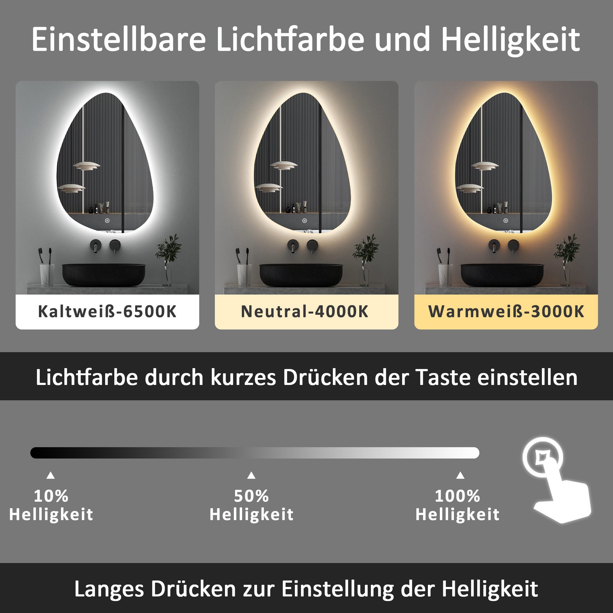 WDWRITTI Wandspiegel mit beleuchtung Badspiegel LED Touch Modern Dreifarbiges Dimmbar (LED Spiegel Bad, Wassertropfen, 55x80cm, 65x90cm), LED Multifunktionspieg – Bild 4 von 5