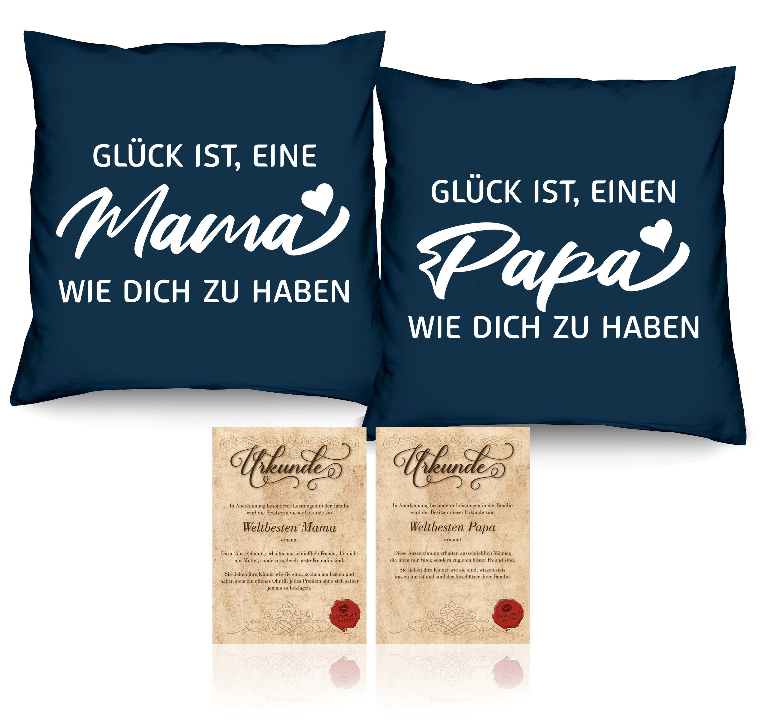 Soreso® Dekokissen Geschenk Set Mama Papa Weihnachten 2 Kissen Eltern Weihnachtsgeschenk, Geschenk-Set