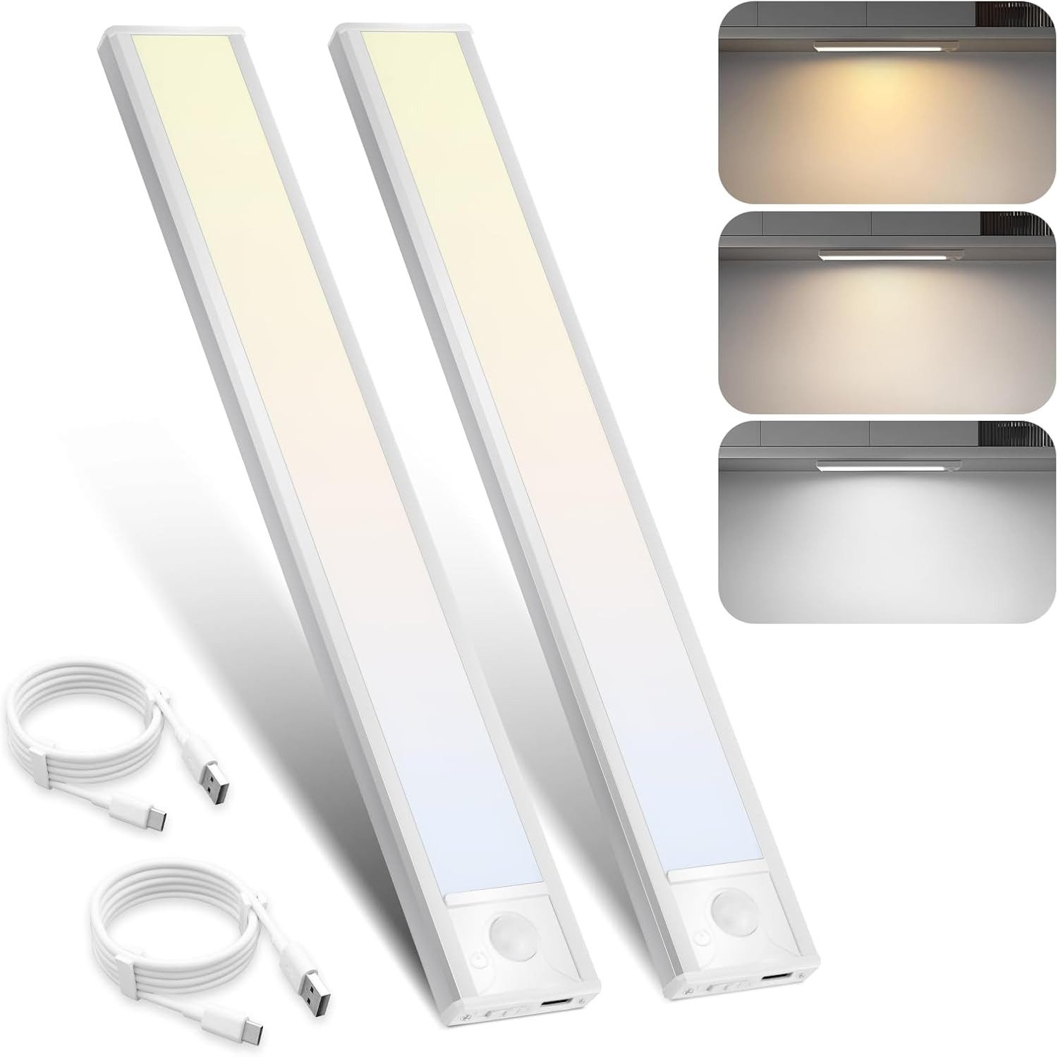 ZMH LED Unterbauleuchte mit Bewegungsmelder Aufladbar Schranklicht USB 1500mAh Flur Cabinet, Augenschutz, Einfache Installtion, LED fest integriert, 3000-6500K, 20CM Dimmbar 3 Farbtemperatur Schrankleuchte Schlafzimmer