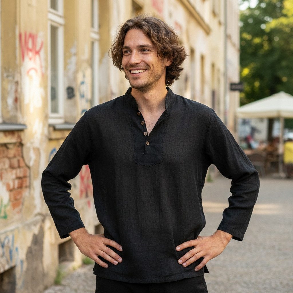 Guru-Shop Hemd & Shirt Yoga Hemd, Goa Hemd mit Knopfleiste - schwarz Ethno günstig online kaufen