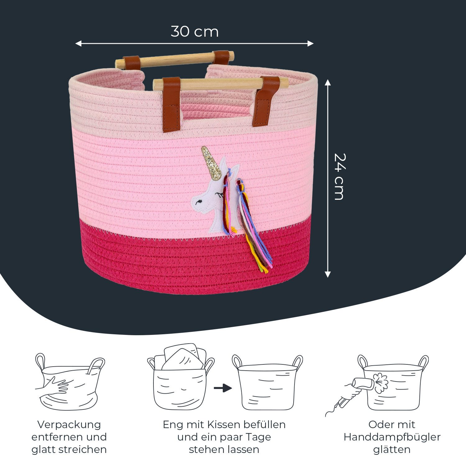 HMF Aufbewahrungskorb Aufbewahrungskorb mit Holzgriffen, runder Korb, Baumwolle für Kinderzimmer oder Babyzimmer, Einhorn, 30 x 30 x 24 cm – Bild 5 von 5