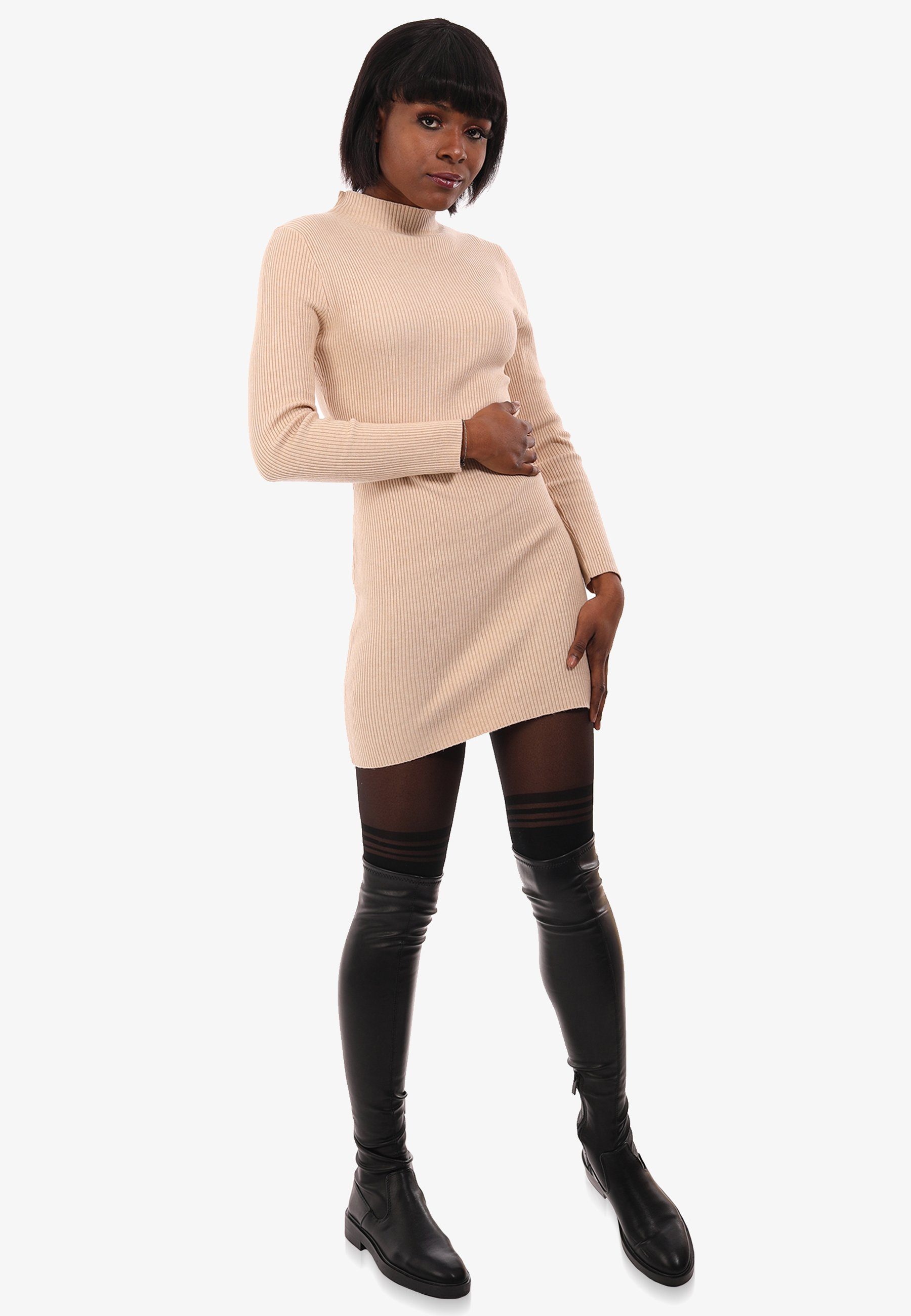 aus YC Style Fashion Pullover mit Rippstrick (1-tlg) Longpullover Basic & beige Unifarbe, Stehkragen in
