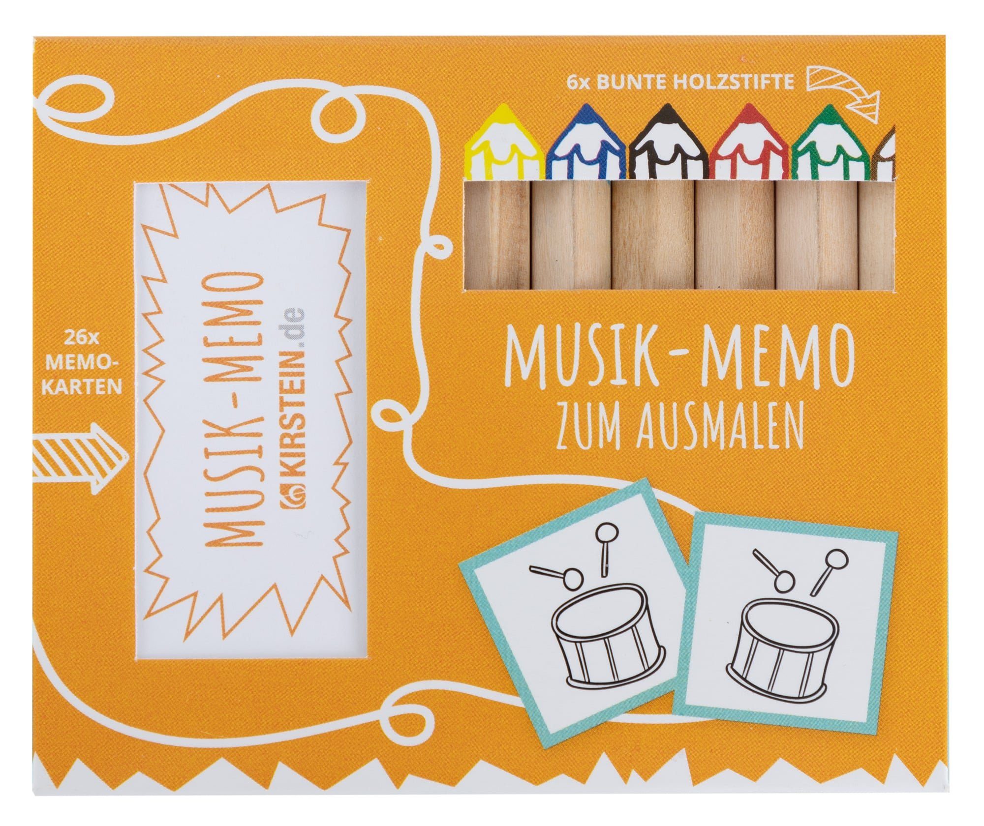 Kirstein Buntstift Musik-Memo, (6 Buntstifte aus Lindenholz), 26 Memo-Karten mit Musik-Motiven zum Ausmalen