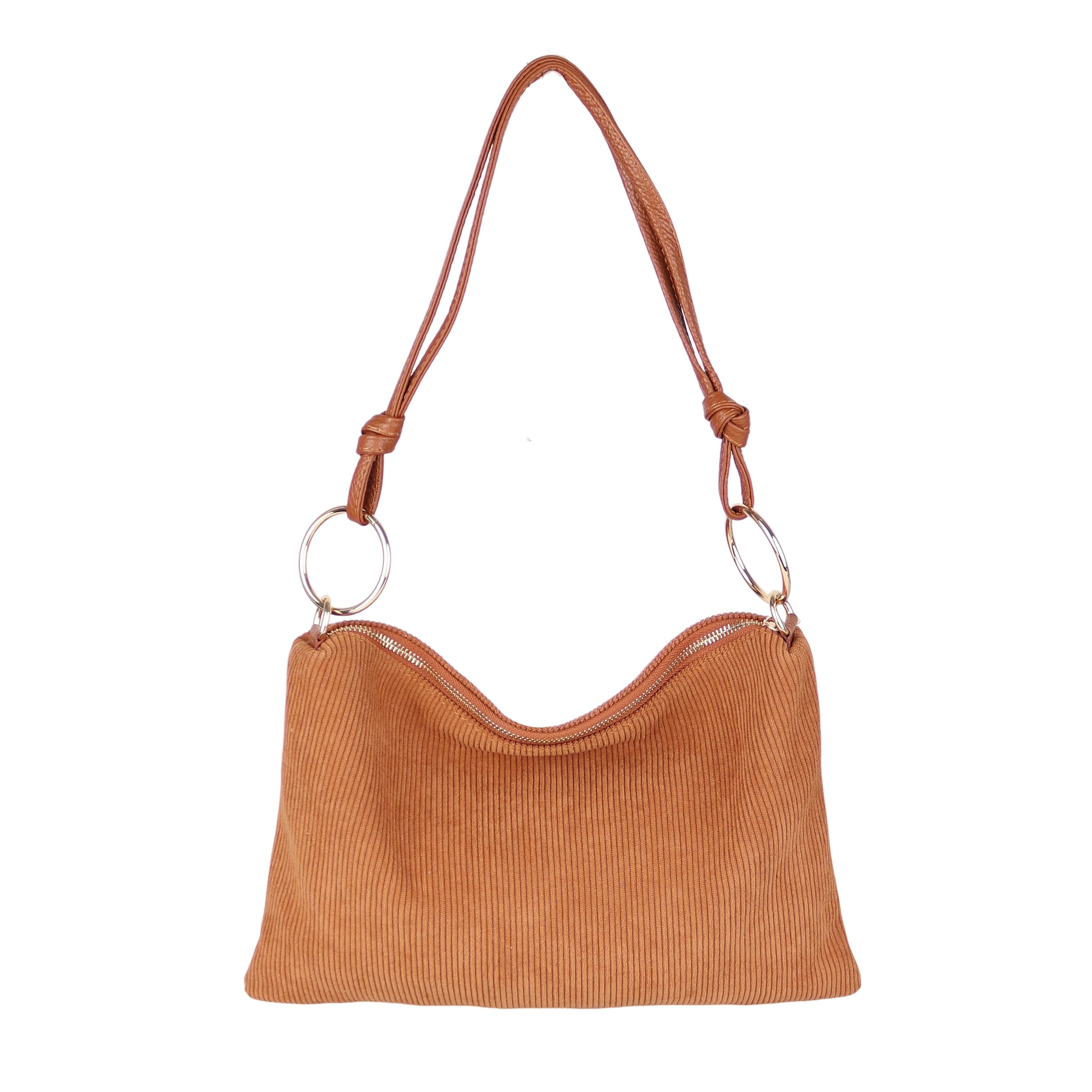 MIRROSI Umhängetasche Damen Schultertasche aus Cord, mit Echtlederriemen Made in Italy (ca.34x22x3cm), Hobo Bag in moderner Rippenoptik