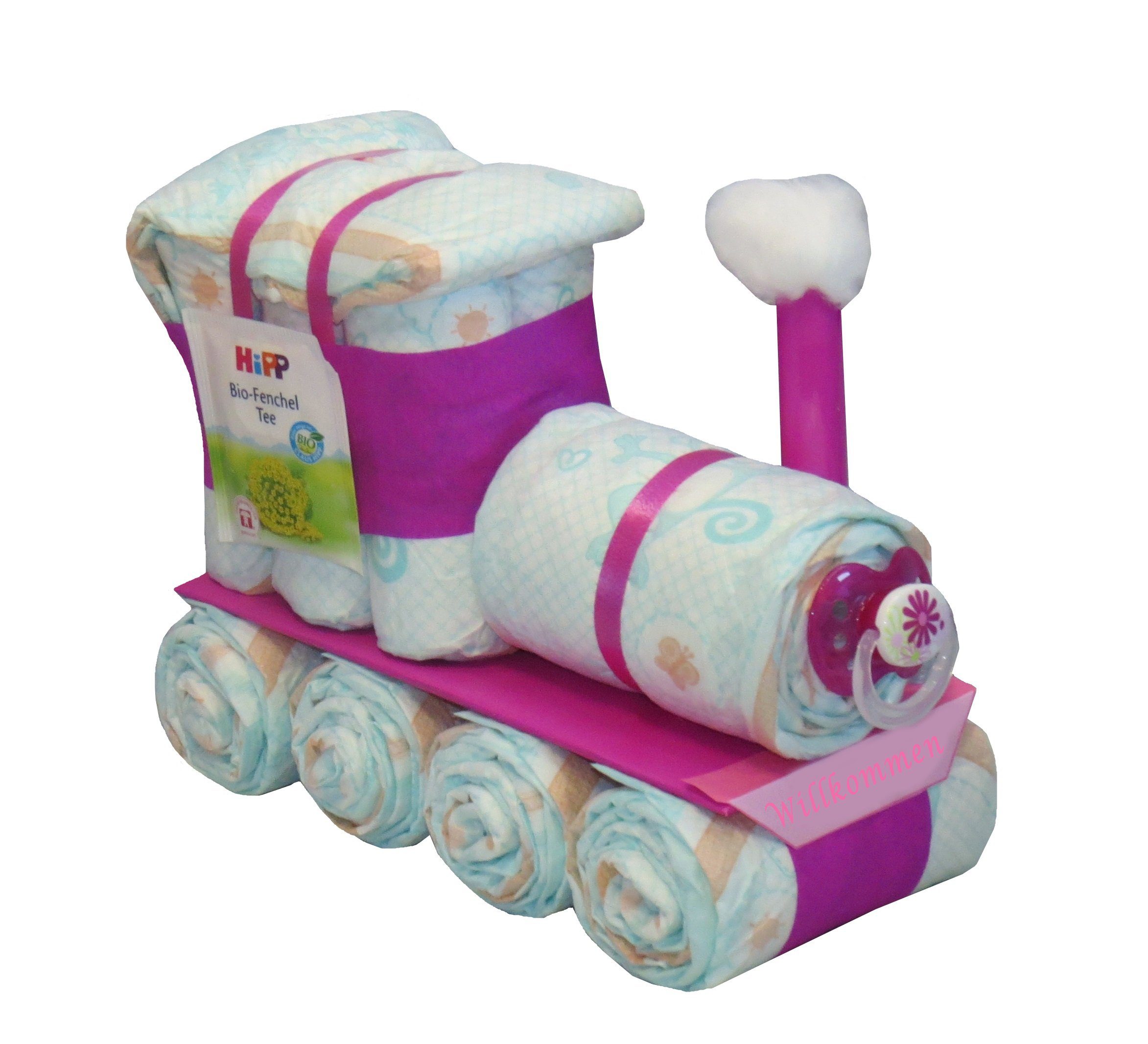 Geschenketorten-Gebhardt Windeln Windeltorte, Kleine Windellokomotive rosa - Windelzug - Windellok, Windelgeschenk