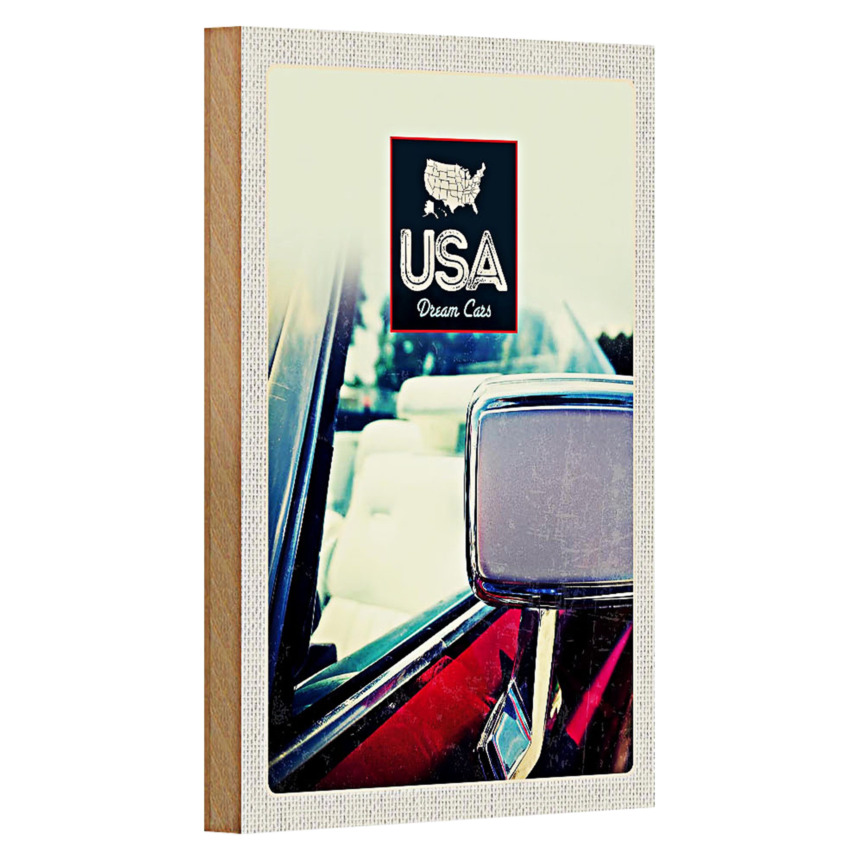 Roomando Holzbild Reise 12x18cm Amerika Fahrzeug Spiegel rot Gemälde