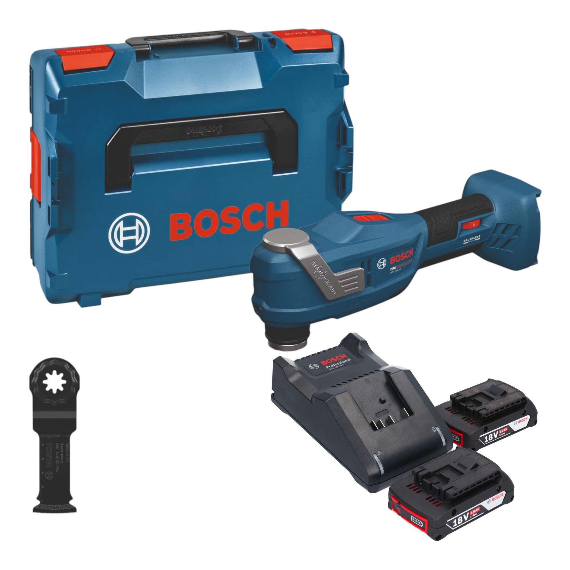 Bosch Professional Akku-Multifunktionswerkzeug GOP 18V-30 Multifunktionswerkzeug 18V + 2x Akku 2,0Ah + Lader + L-Boxx