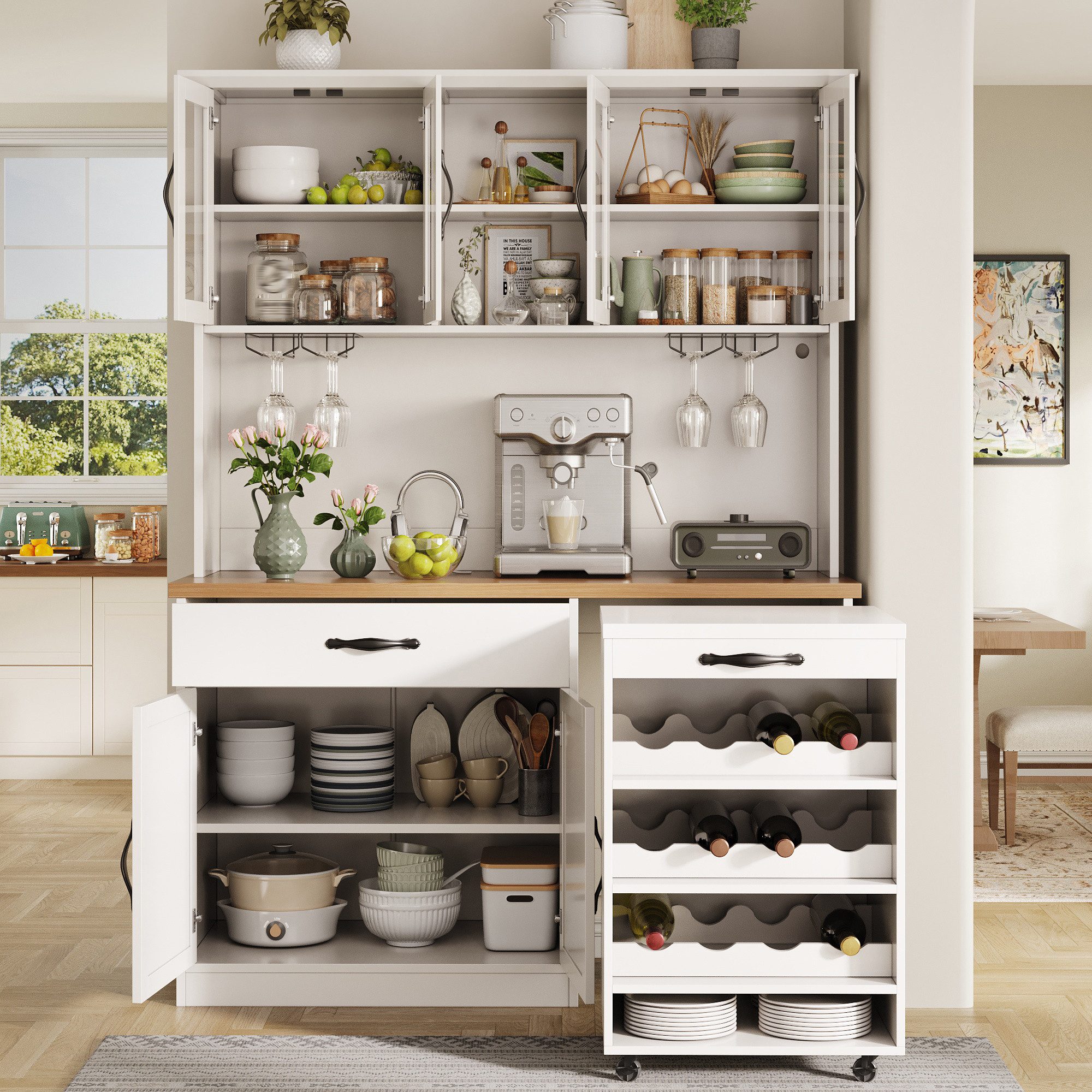 Odikalo Küchenbuffet Küchenschrank mit LED Rollwagen & Weinregal (mit Weinglasregal & Weinregal, Beleuchteter Sideboard Schrank für Wohnzimmer, Esszimmer)