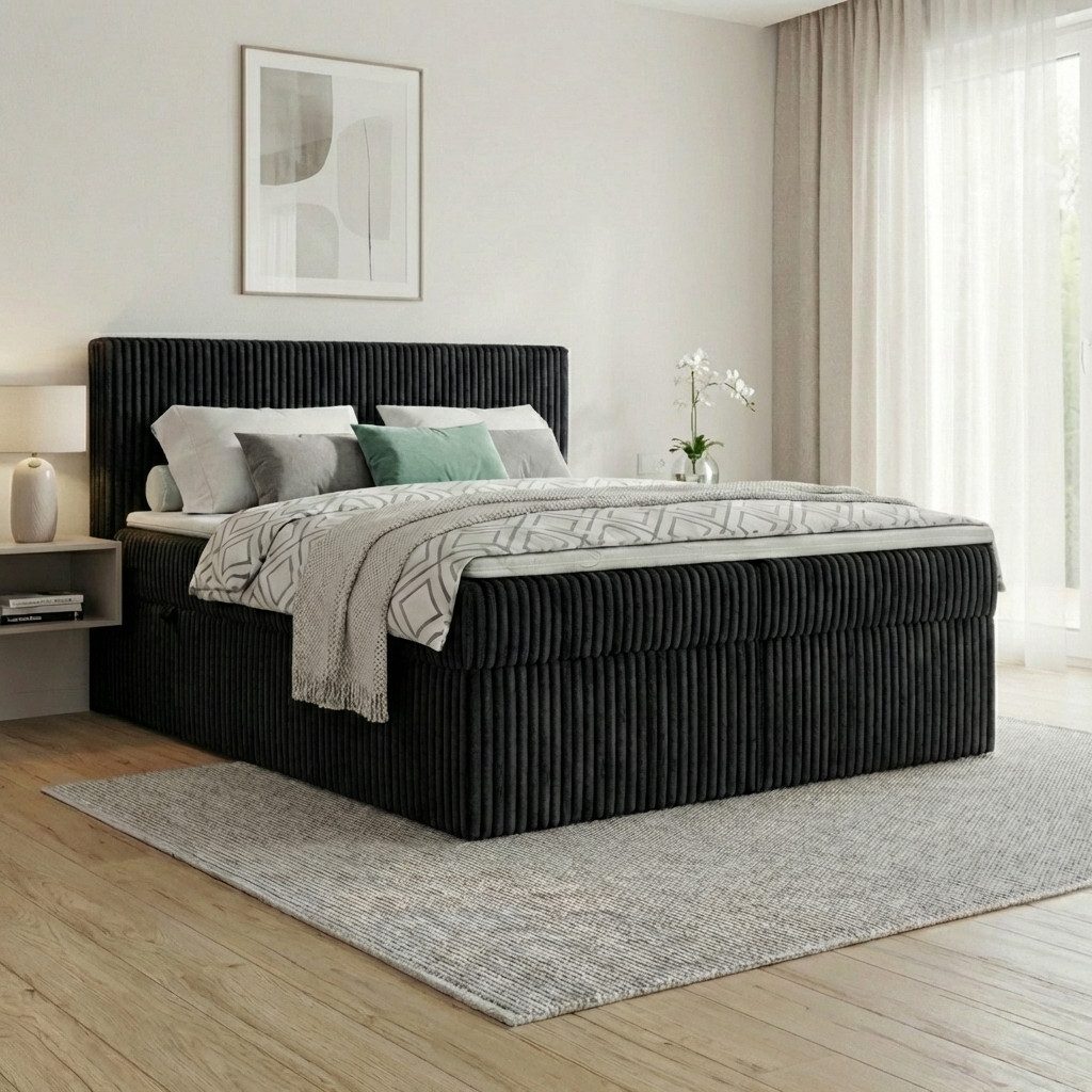 A&J MöbelLand GmbH Boxspringbett RALF mit Bettkasten, Topper und gepolstertem Kopfteil. (Boxspringbett mit Bettkasten und gepolstertem Kopfteil)