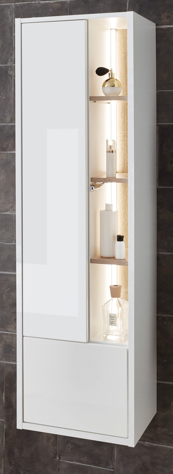 Furn.Design Hochschrank Glide (Bad Hängeschrank weiß Hochglanz mit Eiche, 2-türig, 45 x 150 cm) Push-To-Open-Funktion, inklusive Beleuchtung