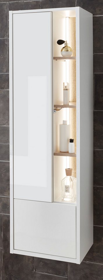 Furn.Design Hochschrank Glide (Bad Hängeschrank weiß Hochglanz mit Eiche, 2-türig, 45 x 150 cm) Push-To-Open-Funktion, inklusive Beleuchtung