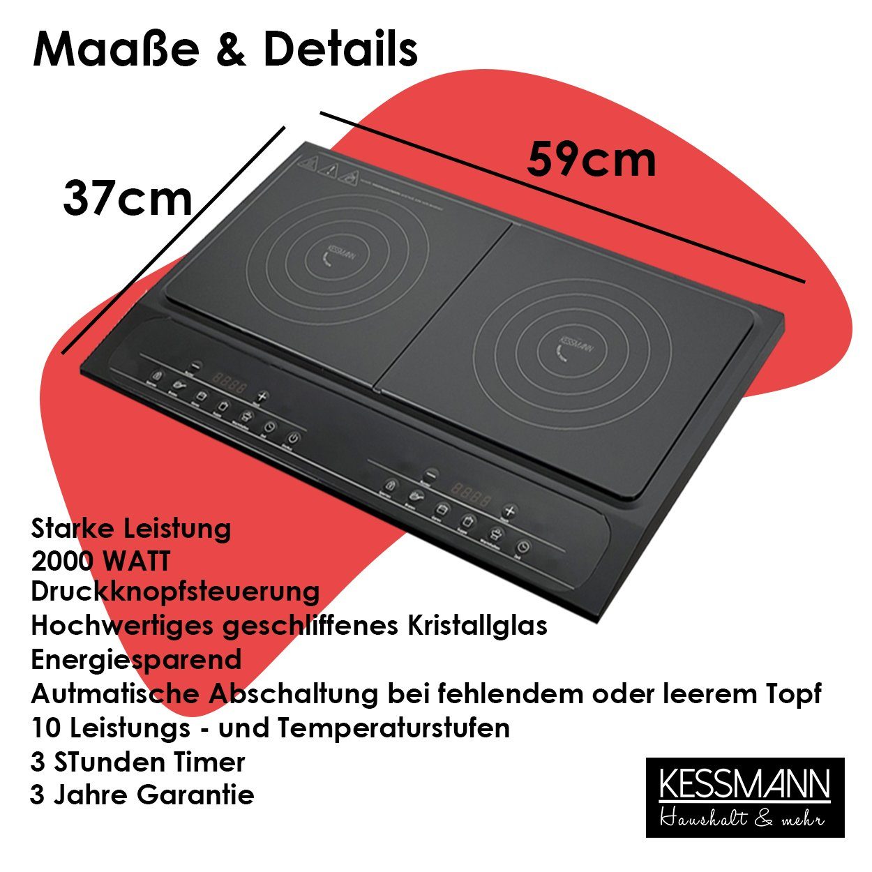 KESSMANN MICHELINO Doppel-Induktionskochplatte Induktion Kochfeld Induktionskochplatte Kochplatte 2 Induktionsherd Doppelinduktionskochplatte LCD autark Doppelt Platten Induktionskochfeld