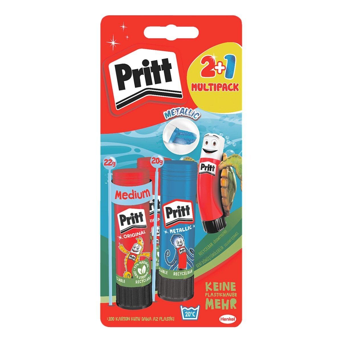 PRITT Klebestift Stick - Orginal + Stick Metallic, (3-tlg), 3er Set Klebestift, 2x 22 g & 1x 20 g, mit Verschlusskappe