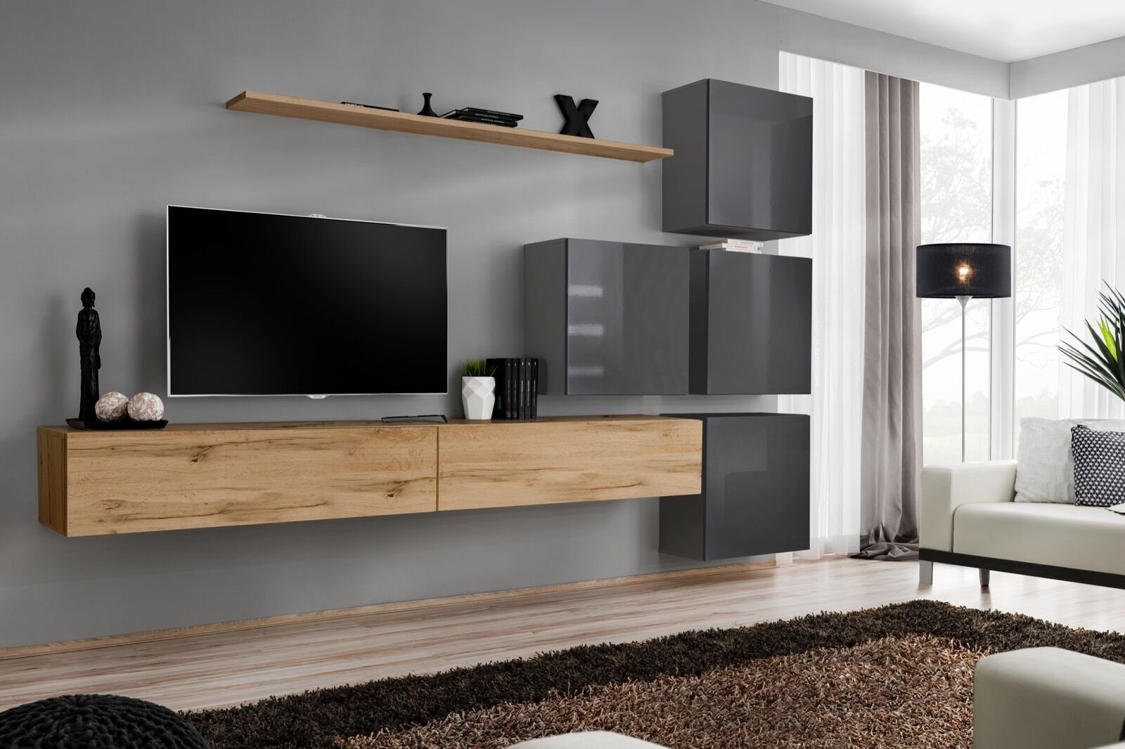 JVmoebel Wohnzimmer-Set Luxus Holz Garnitur TV-Ständer Holz Wohnzimmer Wohnwand, (8-St., 1x Wohnwand + 2x TV Ständer + 4x Wandschrank + 1x Wandregal), Made in Europa