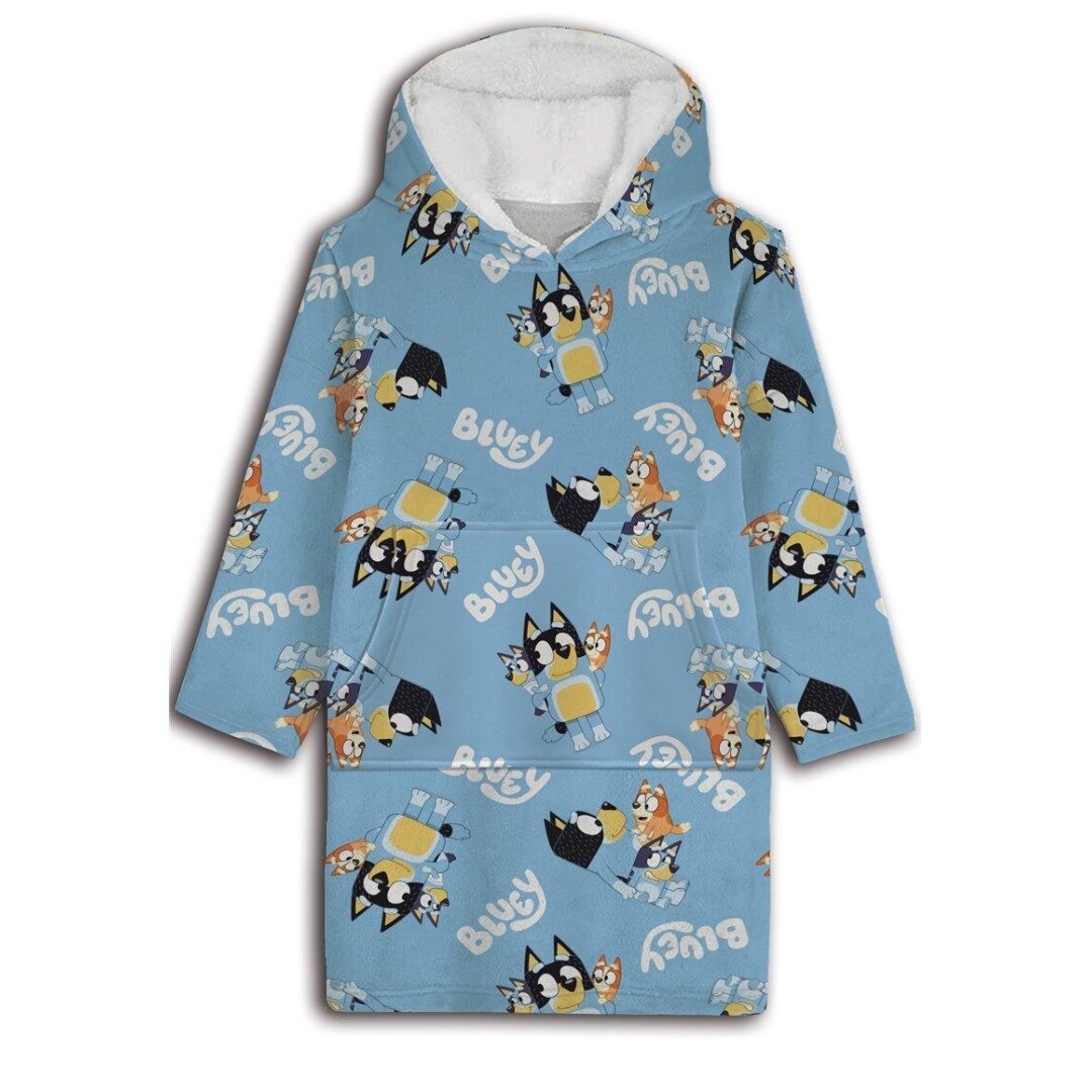 Bluey Sweatponcho Bluey Bingo Kinder Kuschelponcho mit Ärmeln Kapuze Tasche 3-6 Jahre Onesize