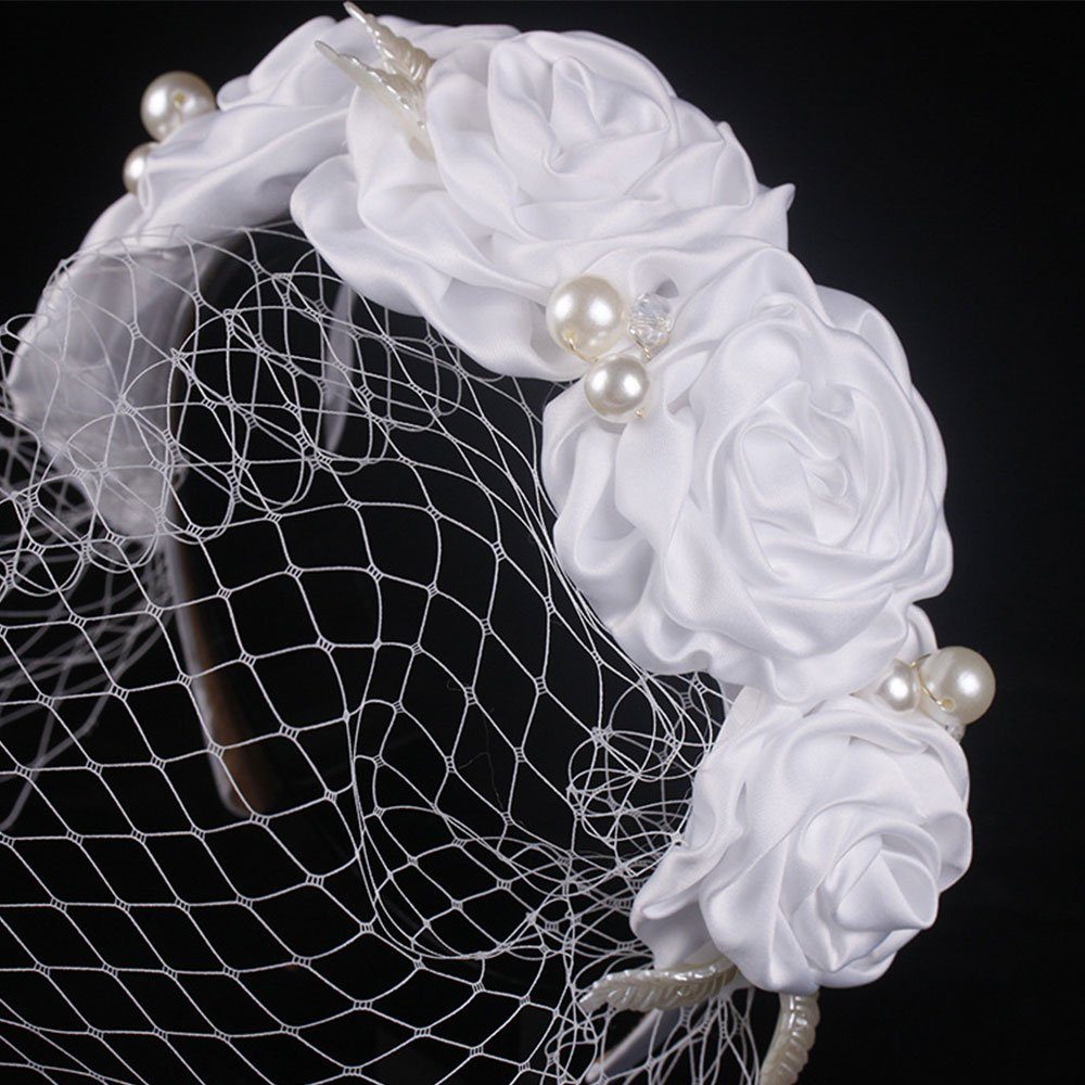 AUzzO~ Diadem Schleier Vintage Perlenhaarband Kopfschmuck Party brautschleier Stück), Hochzeit Rose Weiß Braut (1