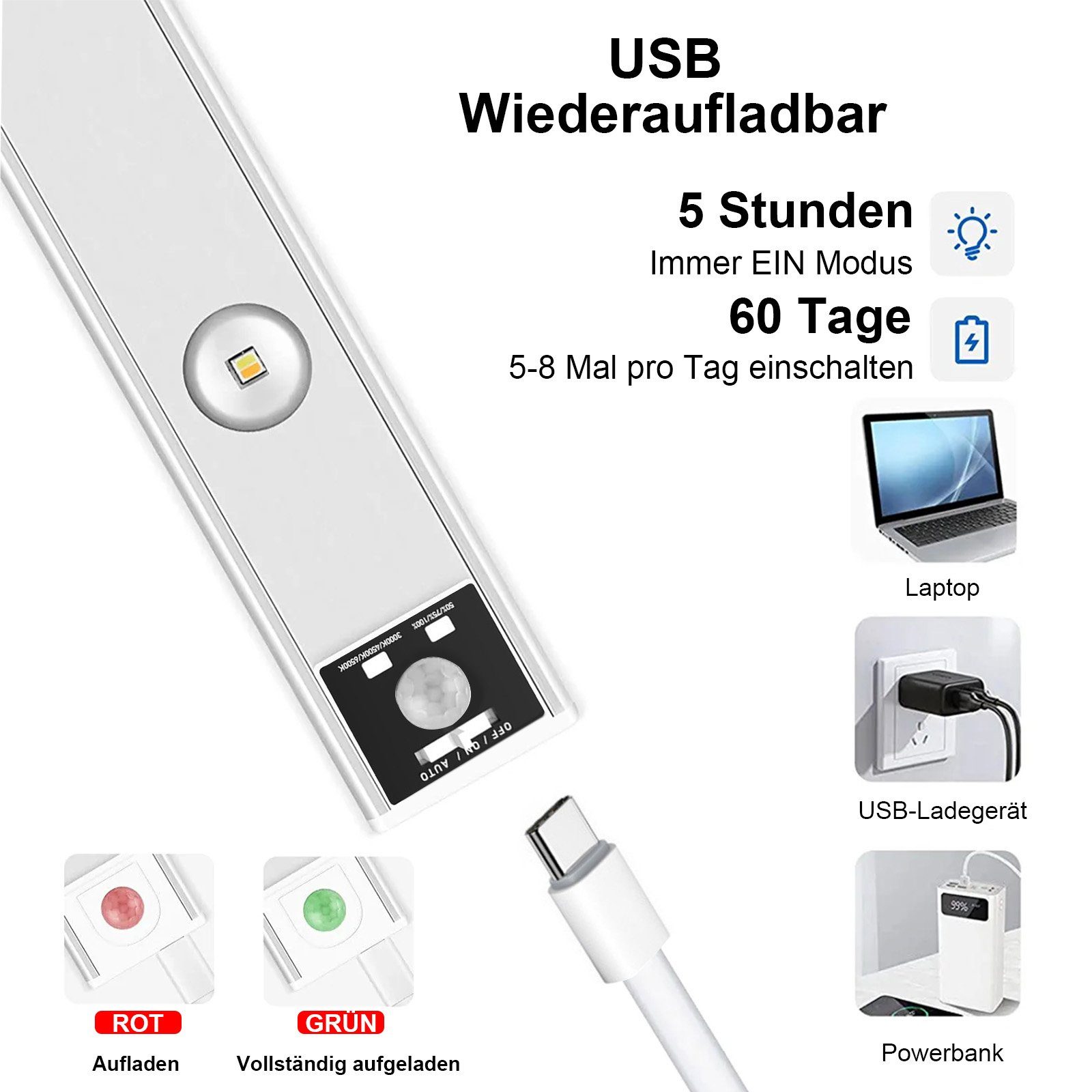USB 3 MUPOO Schrankbeleuchtung Küche, Aufladbar LED Bewegungsmelder,Unterbauleuchte LED Licht, Dimmbar, mit Farben Sensor Unterbauleuchte