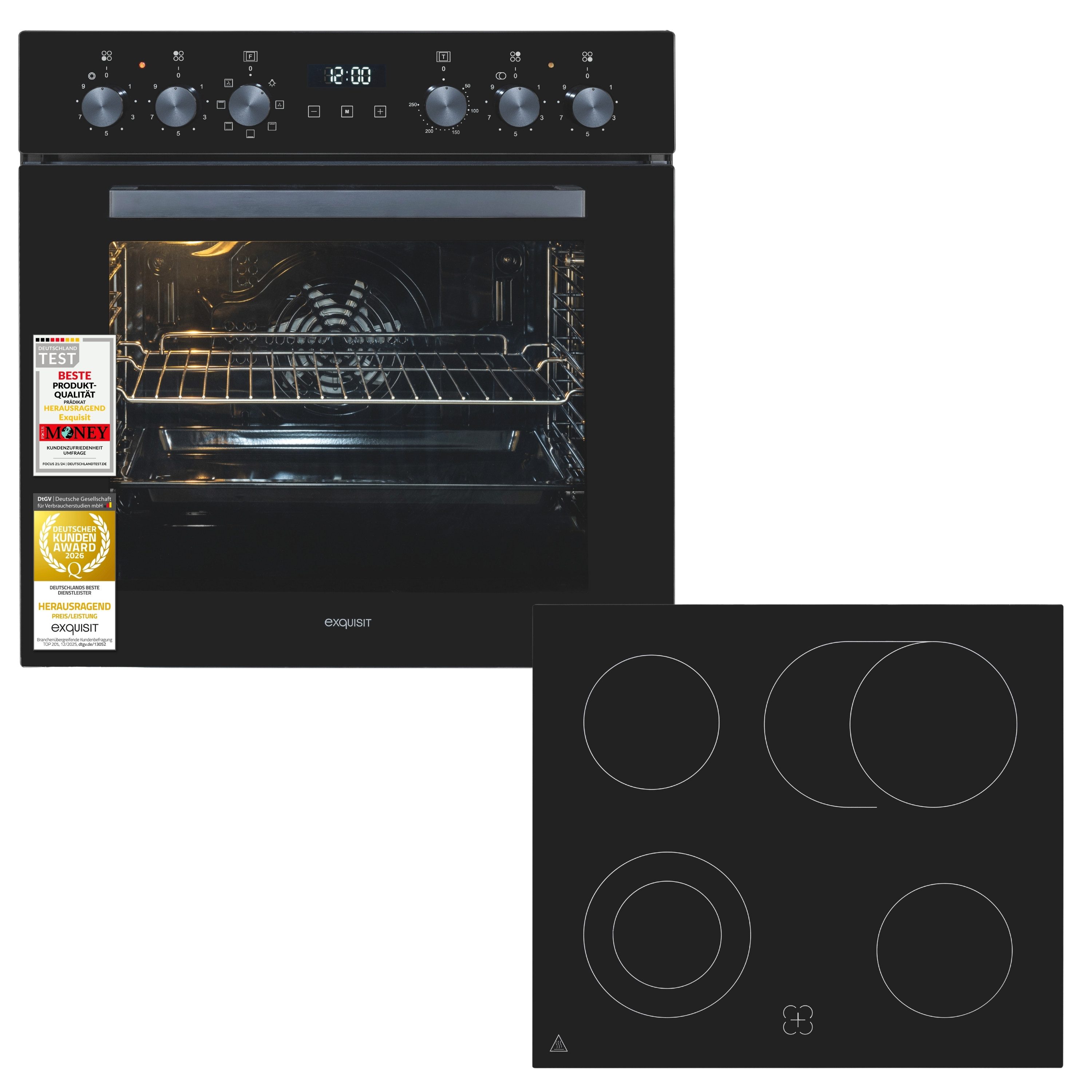 exquisit Backofen-Set EHE5258-UBZ-020, mit Teleskopauszug nachrüstbar, 75 Liter Garraum, 7 Funktionen, Restwärmeanzeige