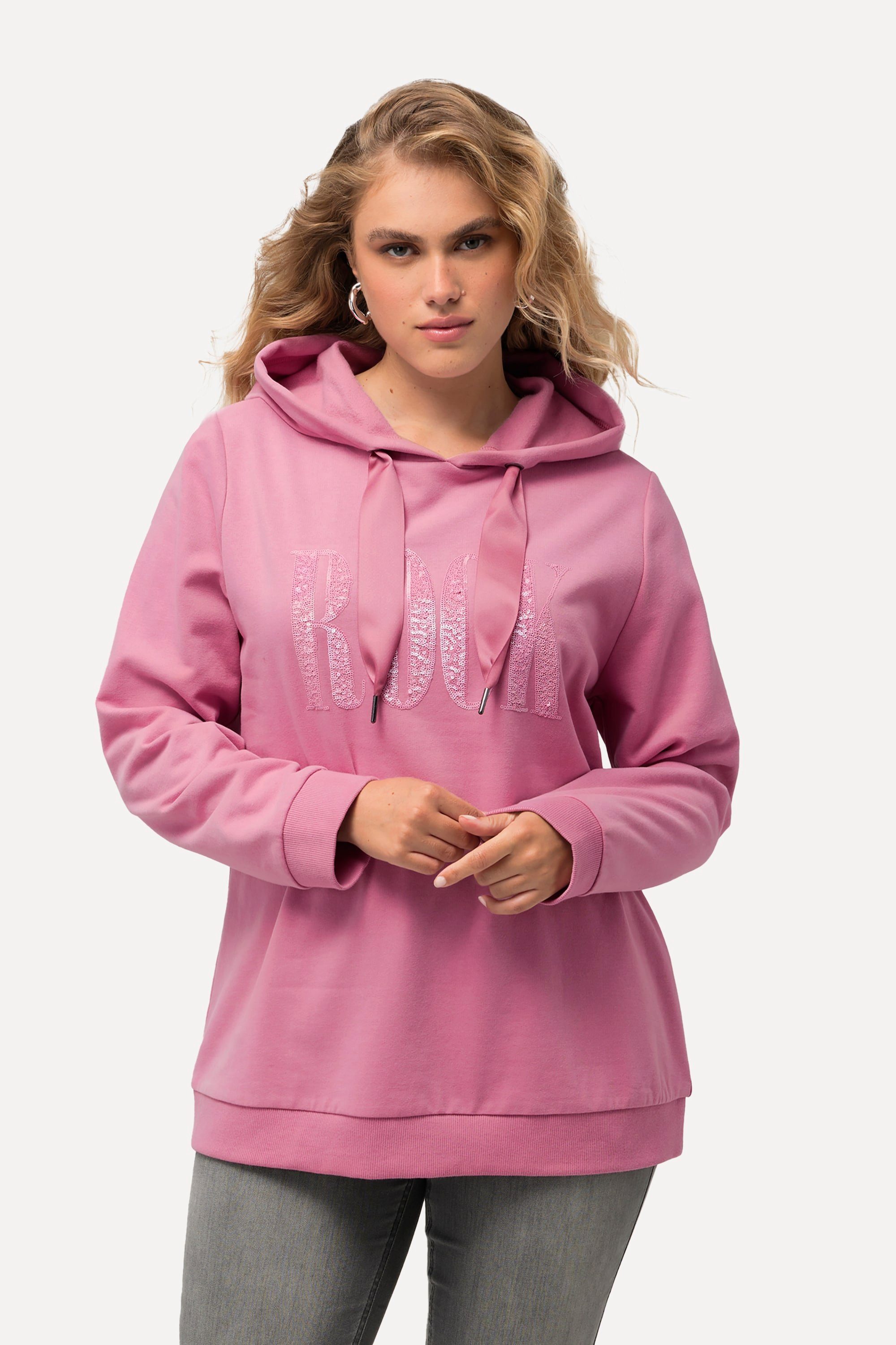 Ulla Popken Sweatshirt Hoodie Pailletten-Schriftzug Langarm Kapuze himbeere