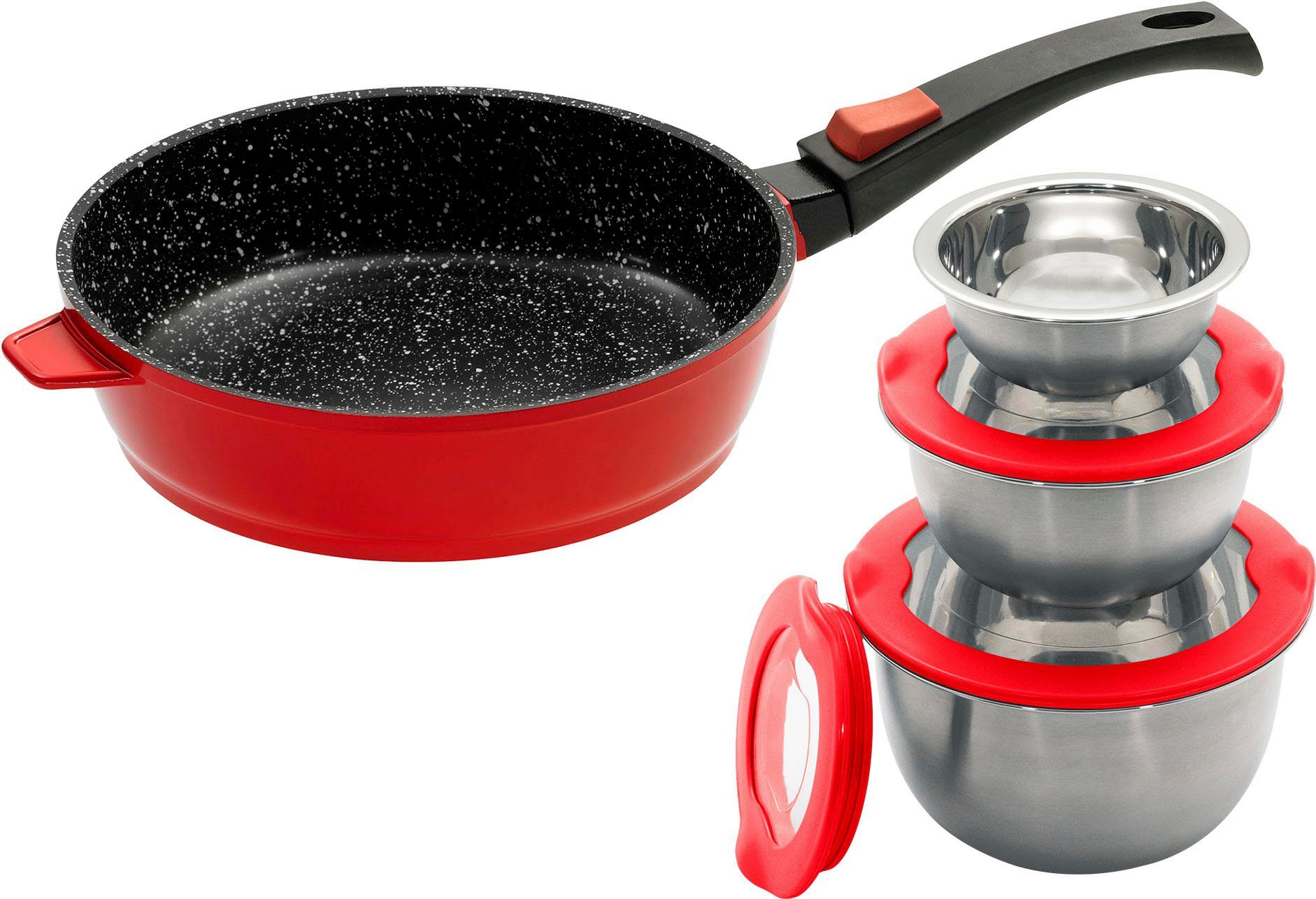 KING Bratpfanne, Aluminiumguss (Set, 7-tlg., 3 Edelstahl-Schüsseln Ø17.5 Ø14.5cm Ø12cm mit Deckeln, 1 Pfanne Ø24cm), Induktion, abnehmbarer Pfannengriff, 24 cm