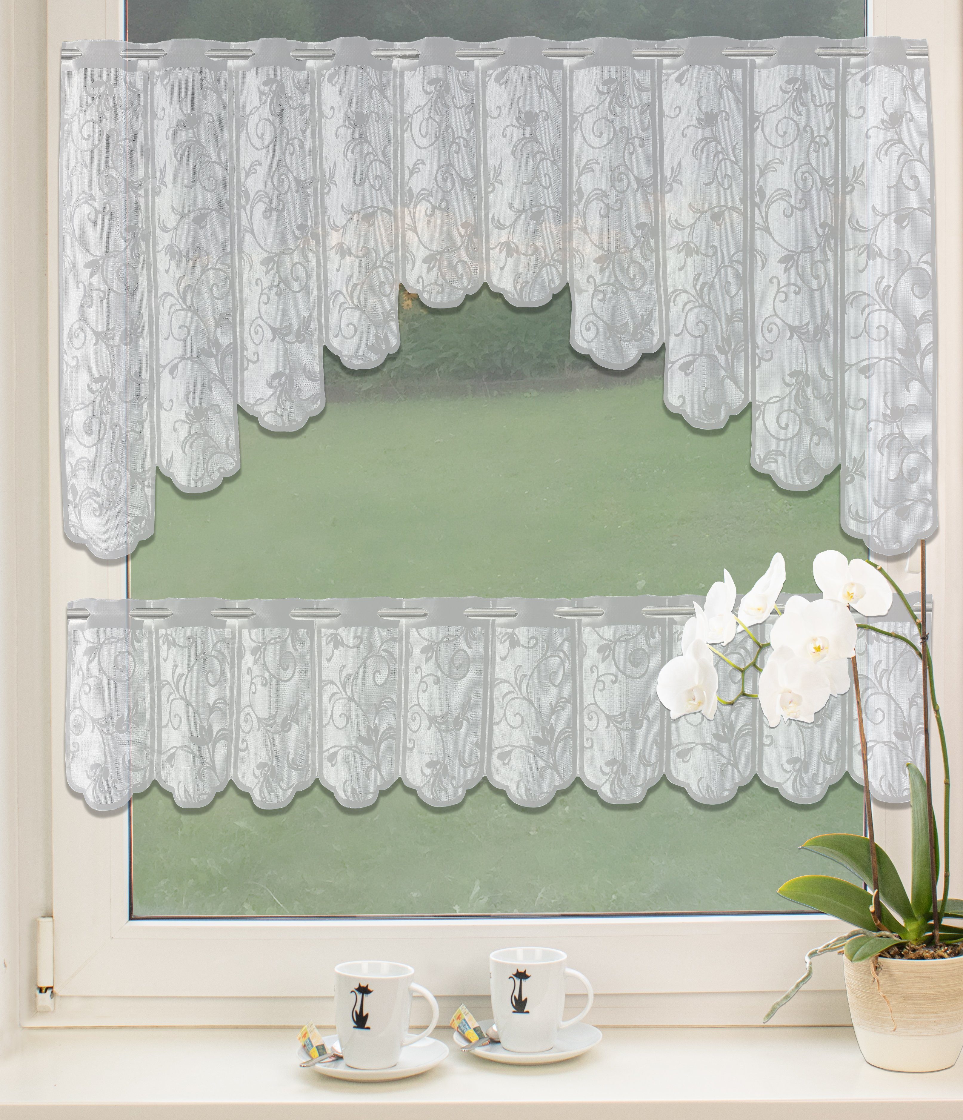 Gardinen-Set Fertiggardine Fenstergardine weiß Voile mit Gipüre 400/160 3 tlg 